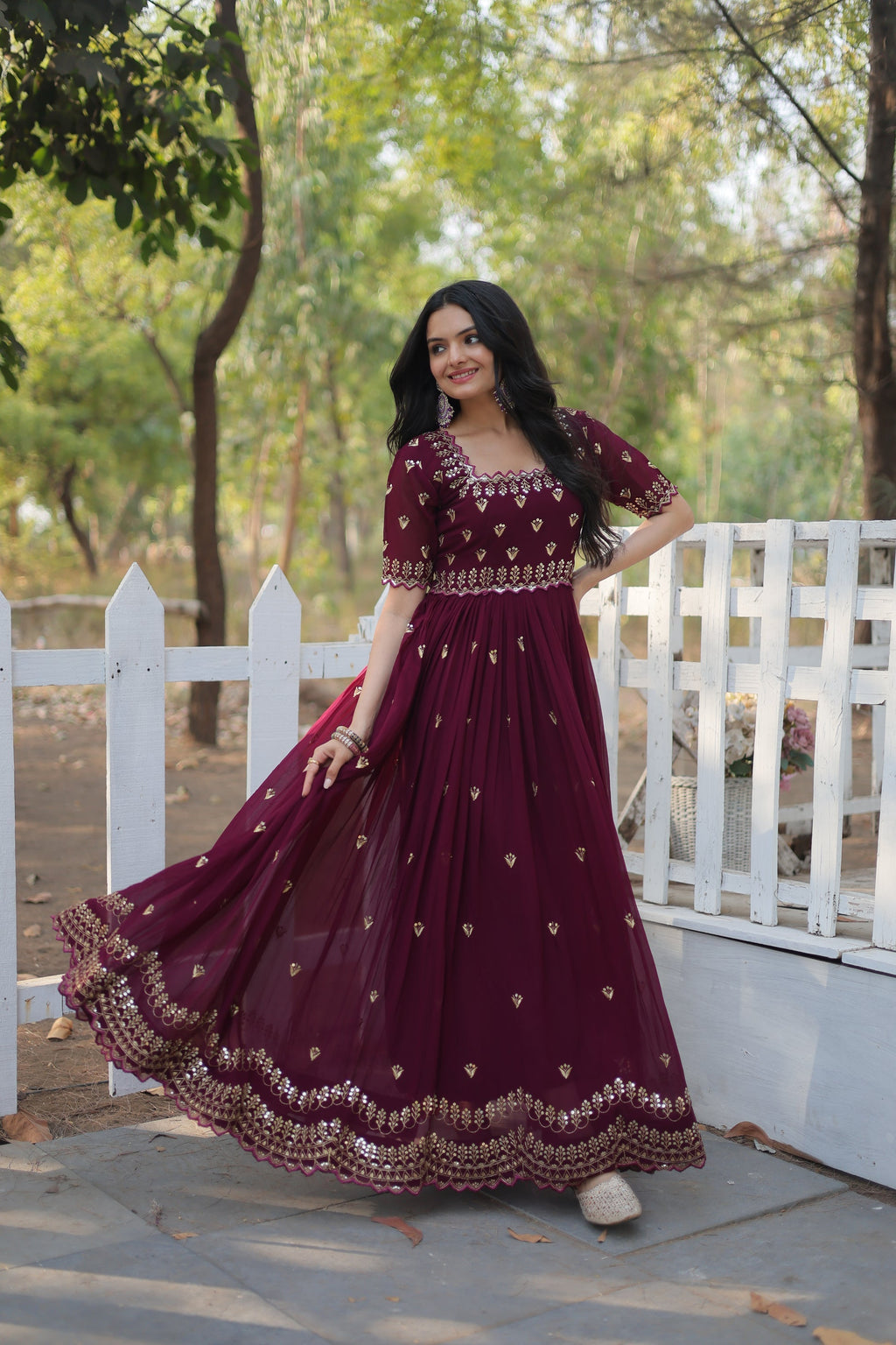 Brown embroidered Jinisha designer Anarkali gown