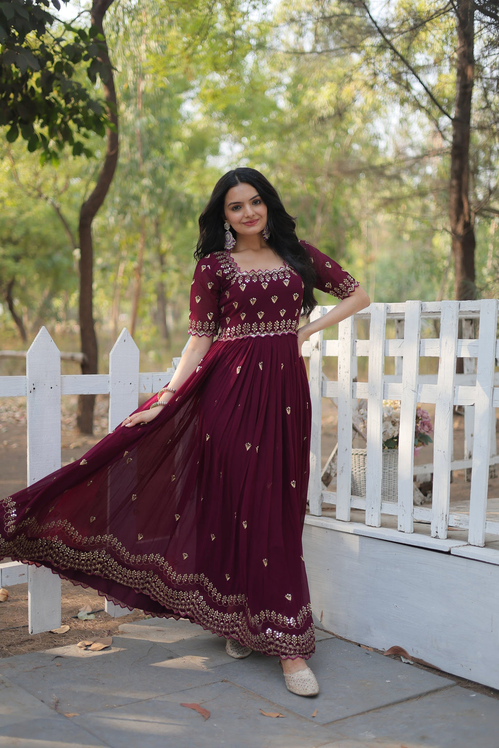 Brown embroidered Jinisha designer Anarkali gown