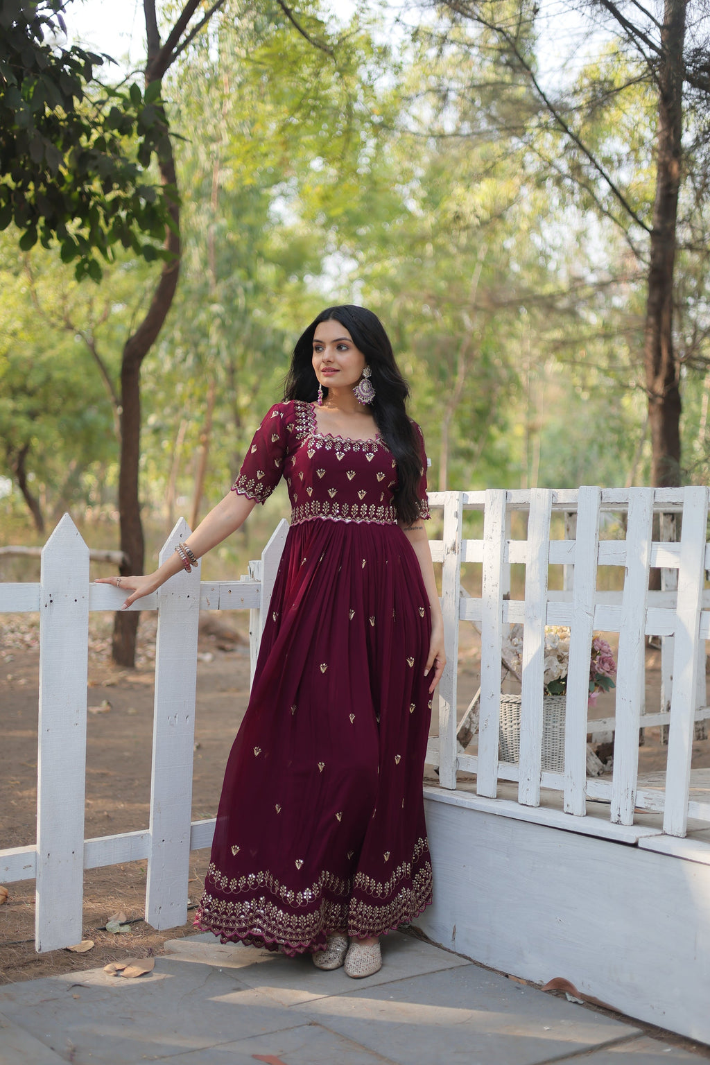 Brown embroidered Jinisha designer Anarkali gown