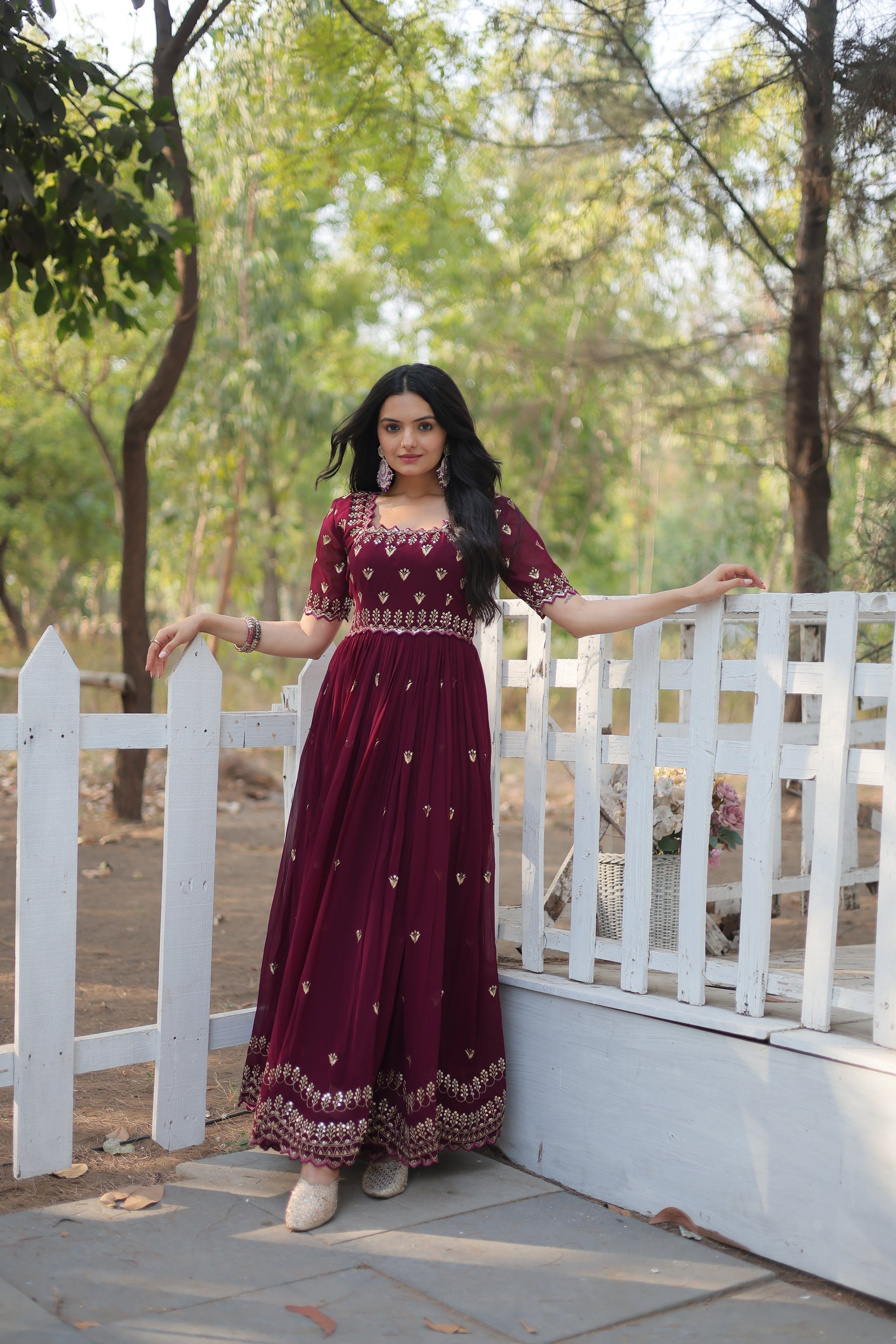 Brown embroidered Jinisha designer Anarkali gown