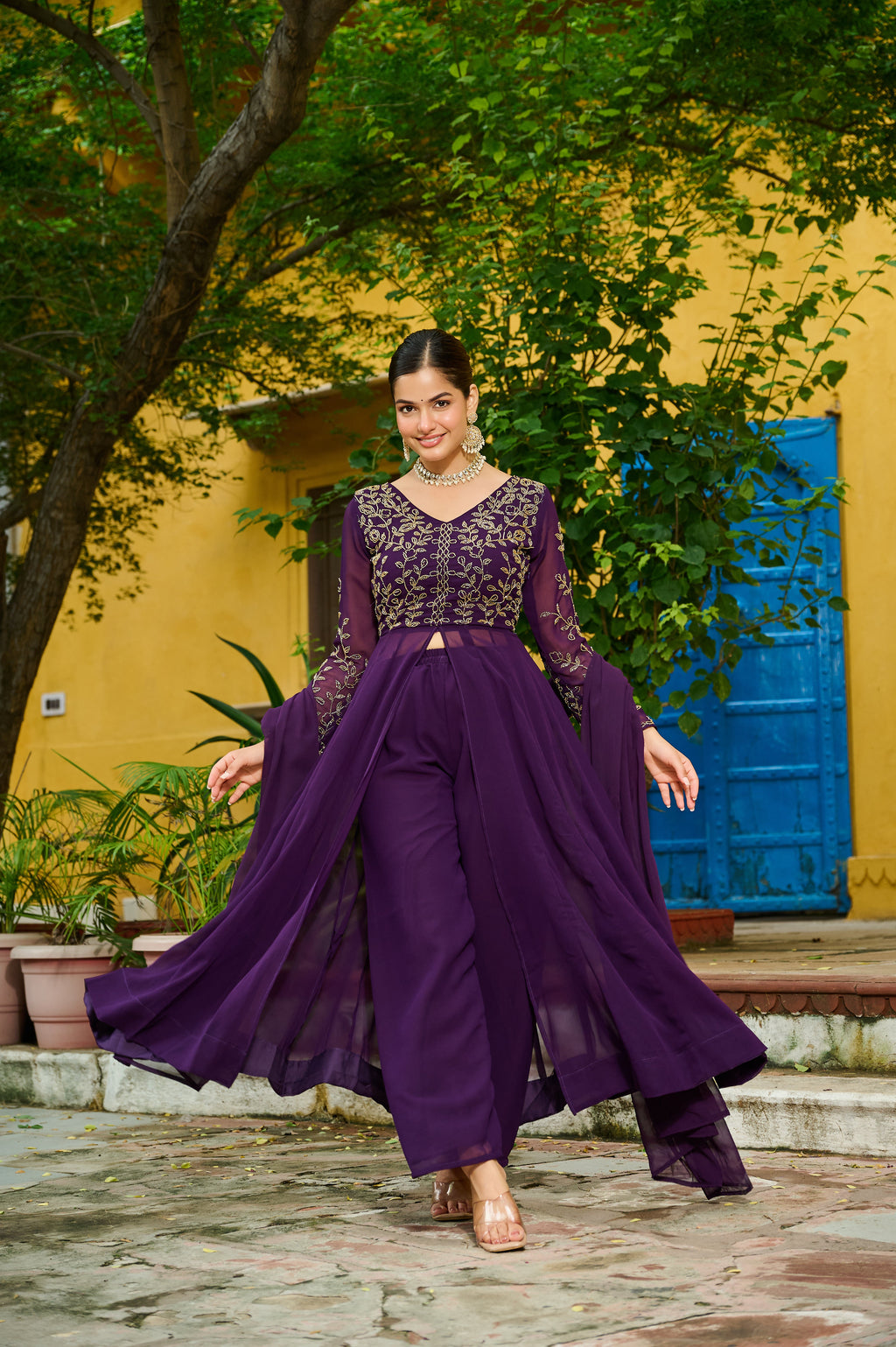 Niyu purple faux blooming kurti with thread embroidery and bottom set