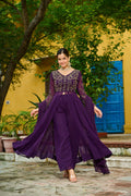 Niyu purple faux blooming kurti with thread embroidery and bottom set