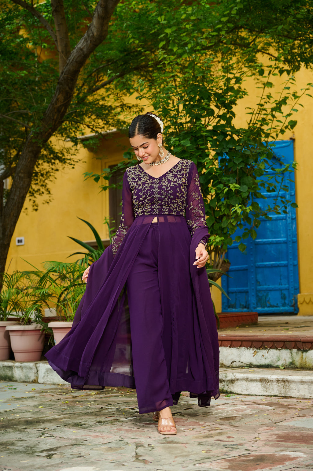 Niyu purple faux blooming kurti with thread embroidery and bottom set