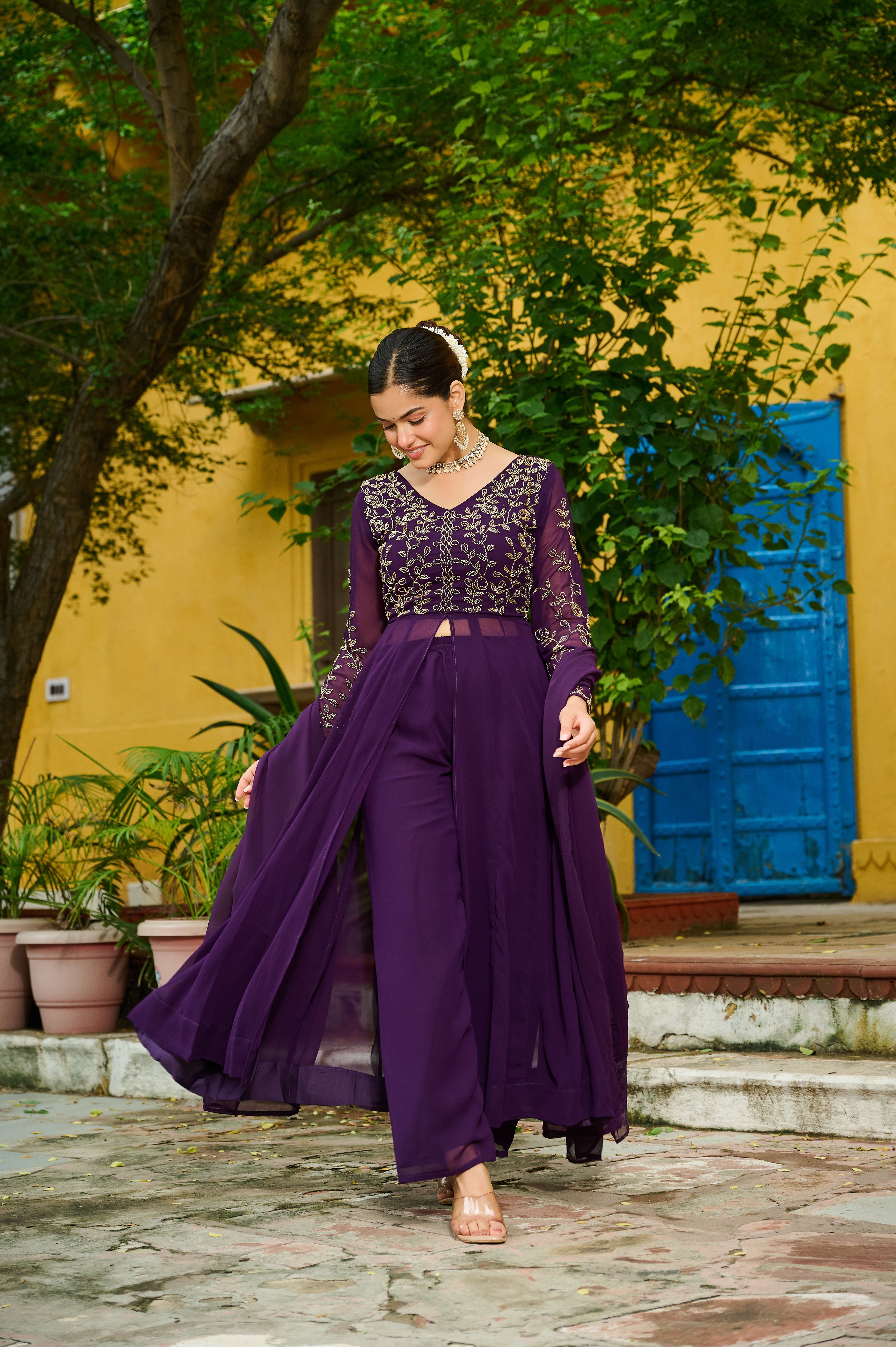 Niyu purple faux blooming kurti with thread embroidery and bottom set