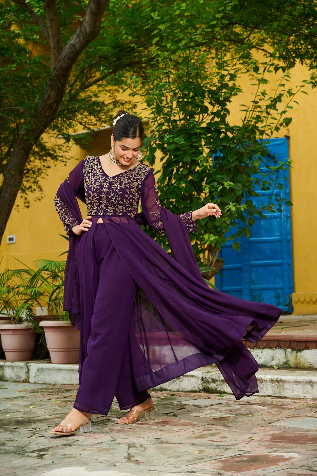 Niyu purple faux blooming kurti with thread embroidery and bottom set