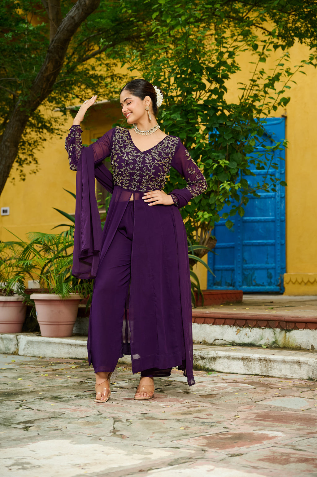 Niyu purple faux blooming kurti with thread embroidery and bottom set