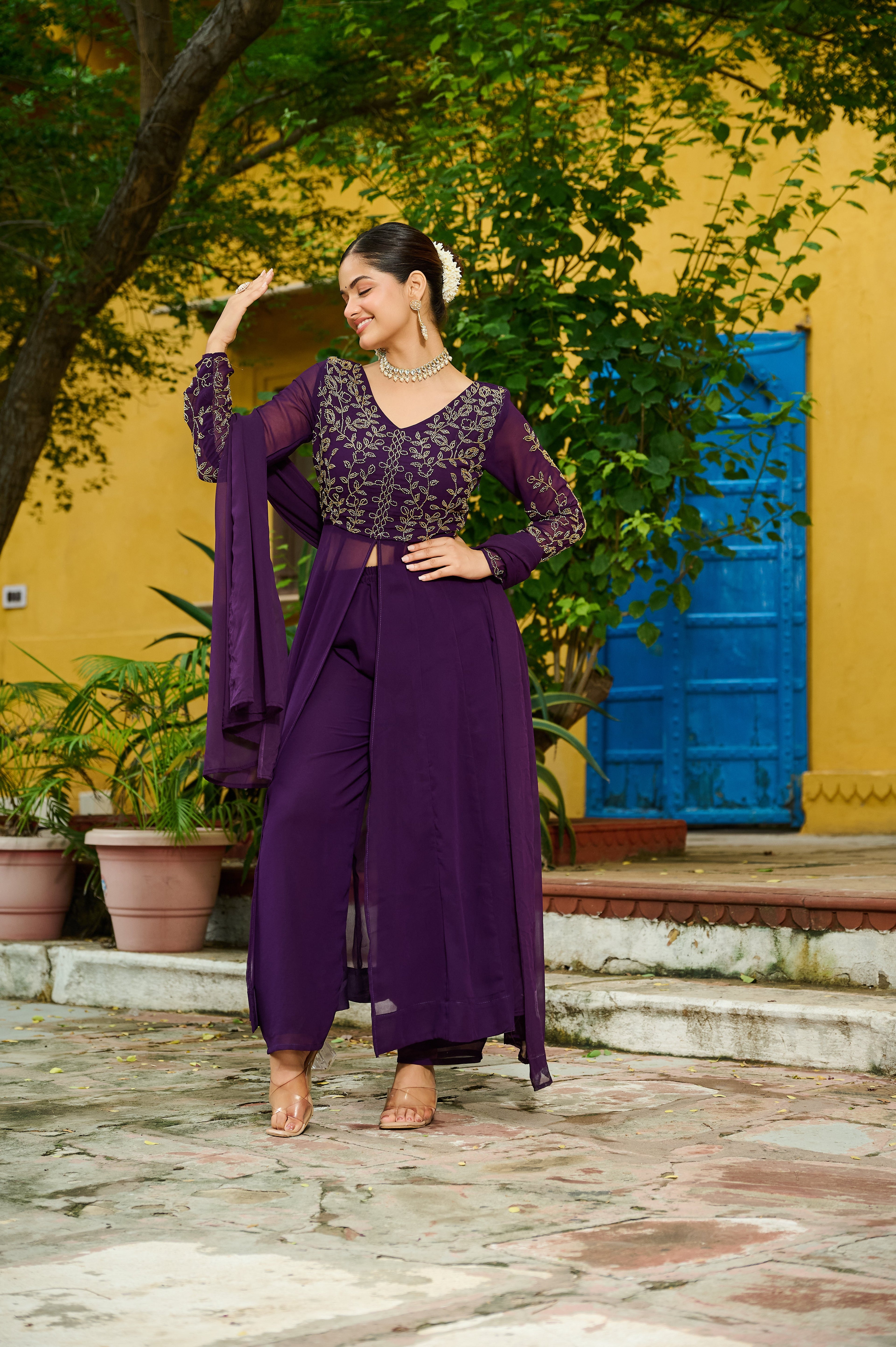 Niyu purple faux blooming kurti with thread embroidery and bottom set