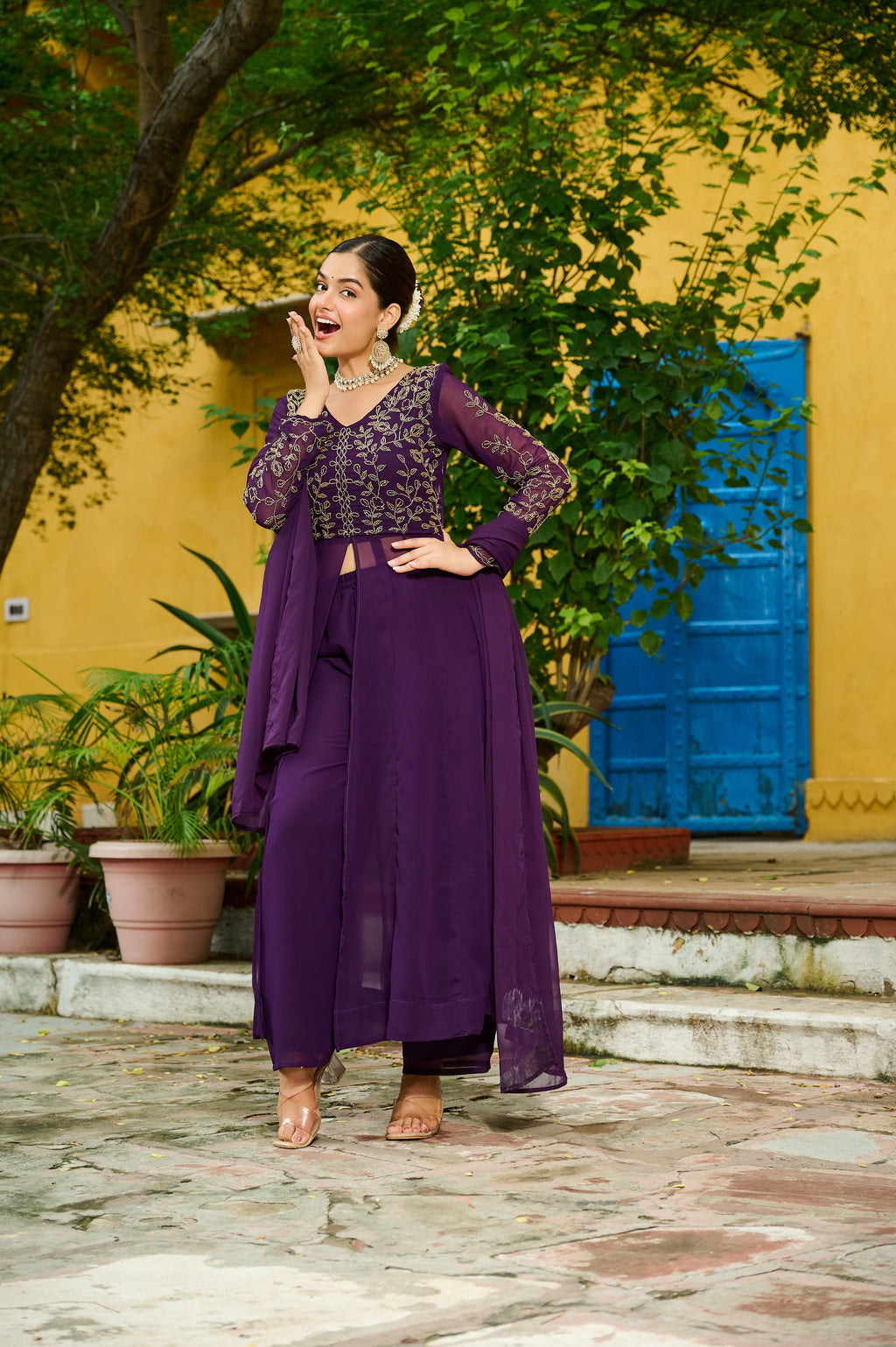 Niyu purple faux blooming kurti with thread embroidery and bottom set