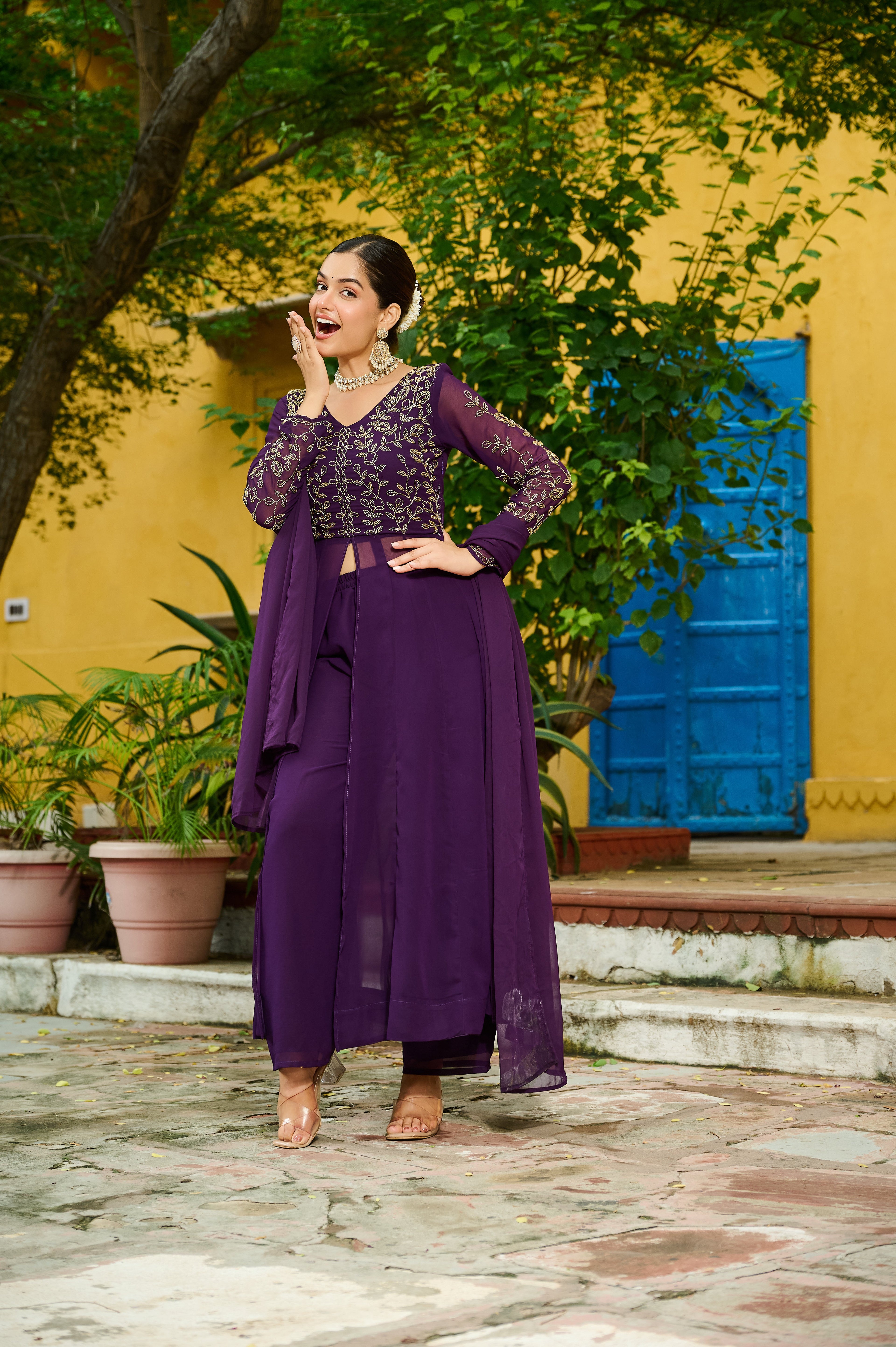 Niyu purple faux blooming kurti with thread embroidery and bottom set
