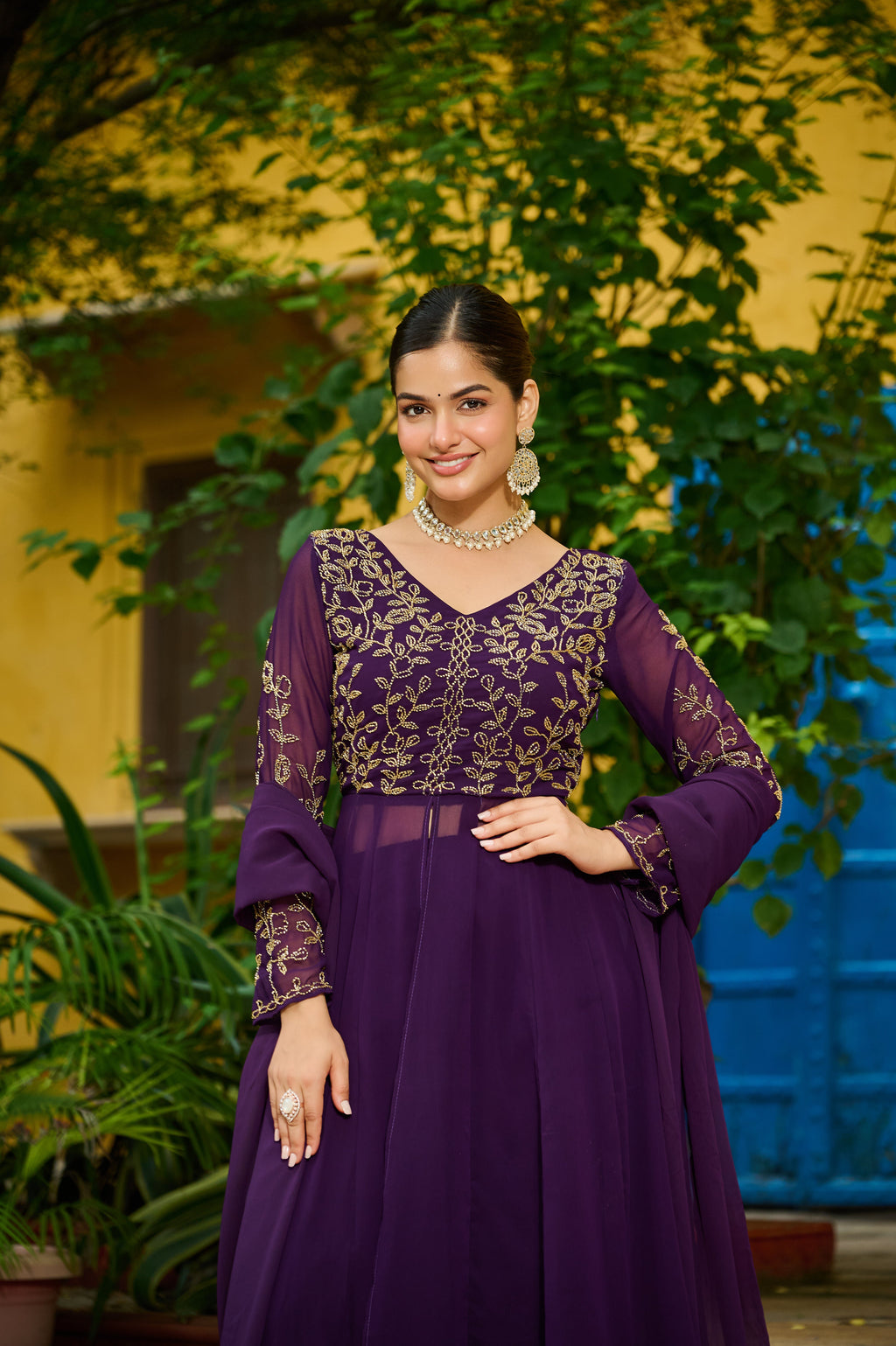 Niyu purple faux blooming kurti with thread embroidery and bottom set