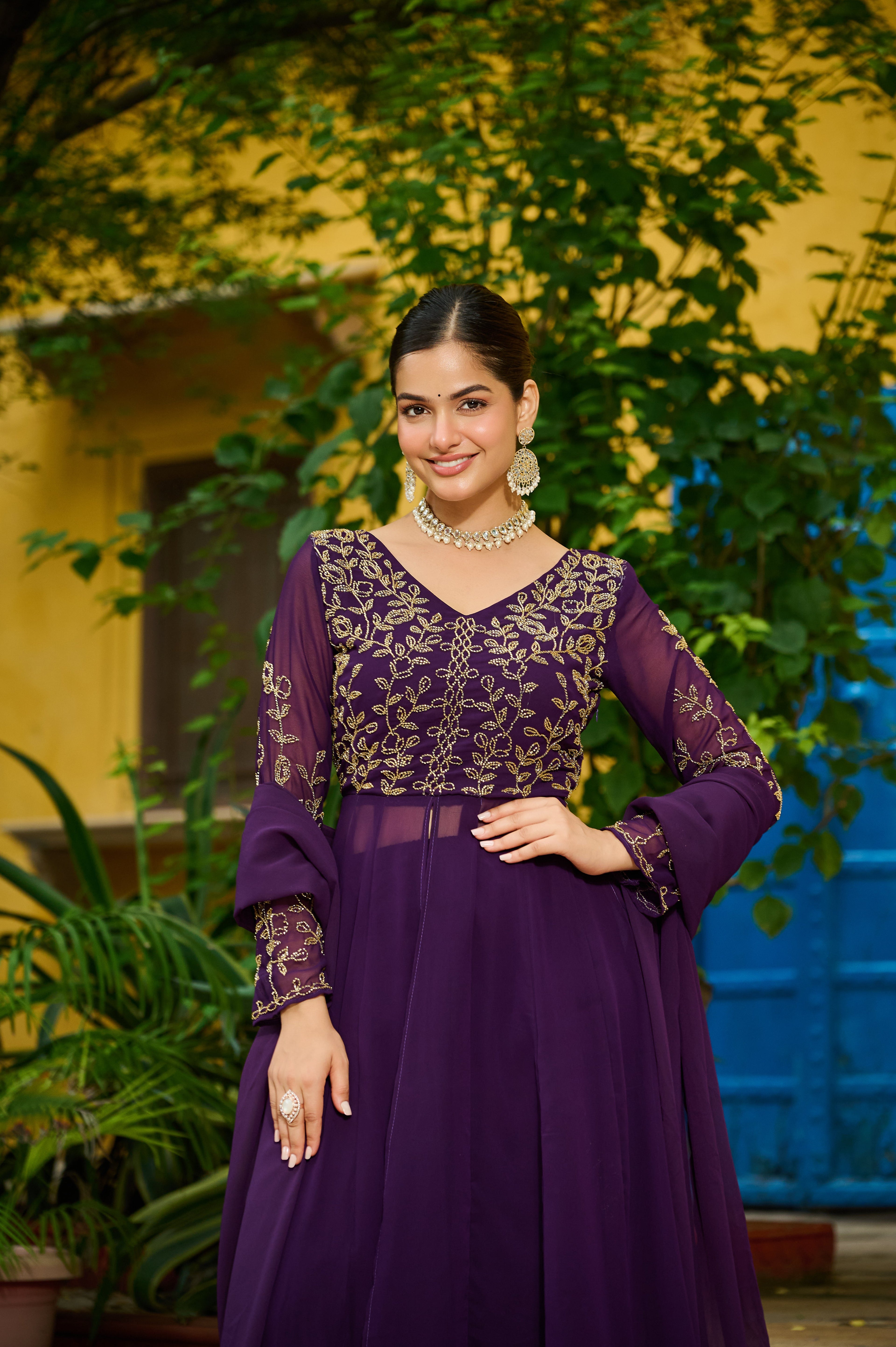 Niyu purple faux blooming kurti with thread embroidery and bottom set