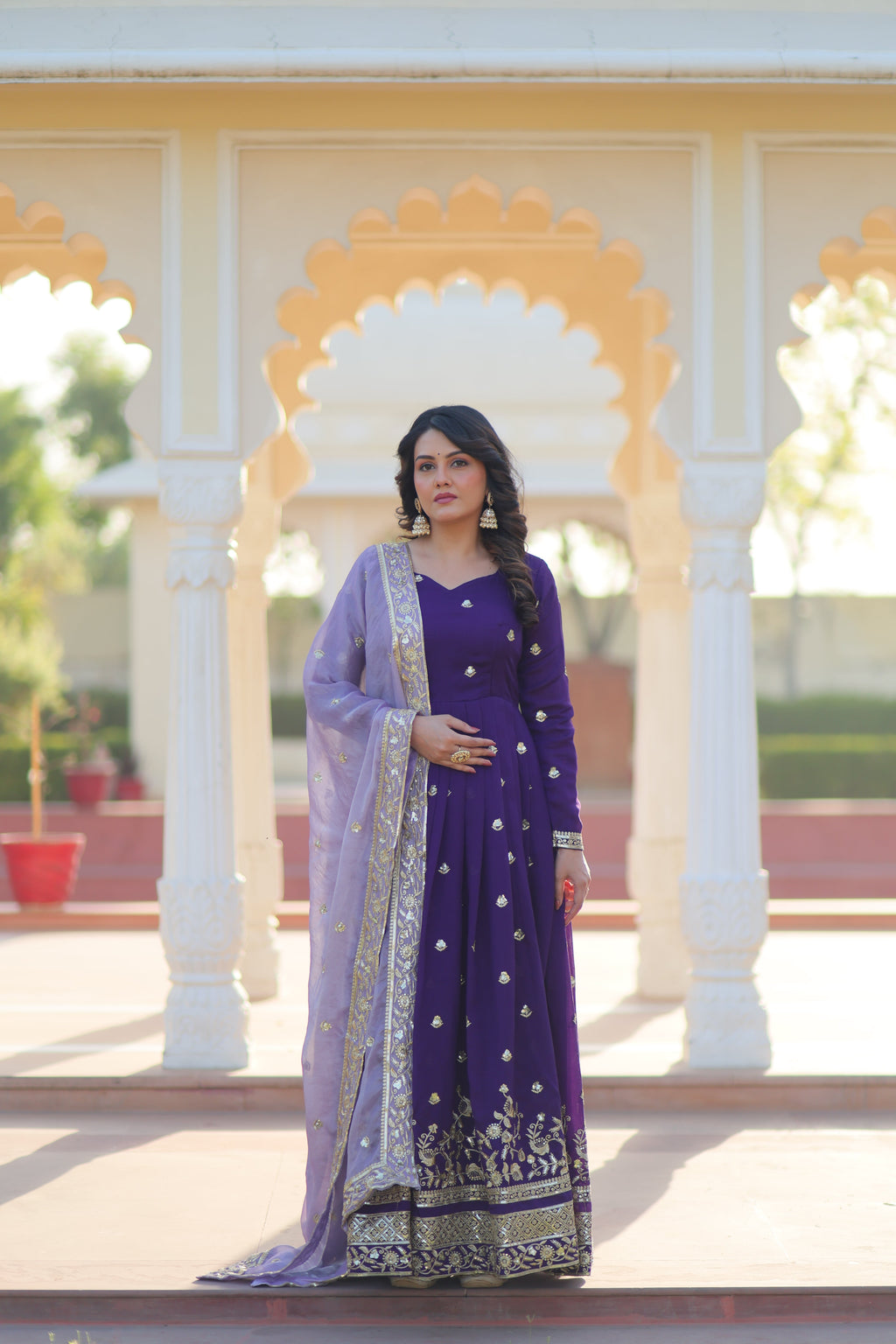 Rupa purple star georgette gown with zari sequins embroidery and dupatta