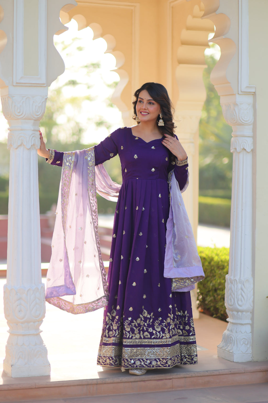 Rupa purple star georgette gown with zari sequins embroidery and dupatta