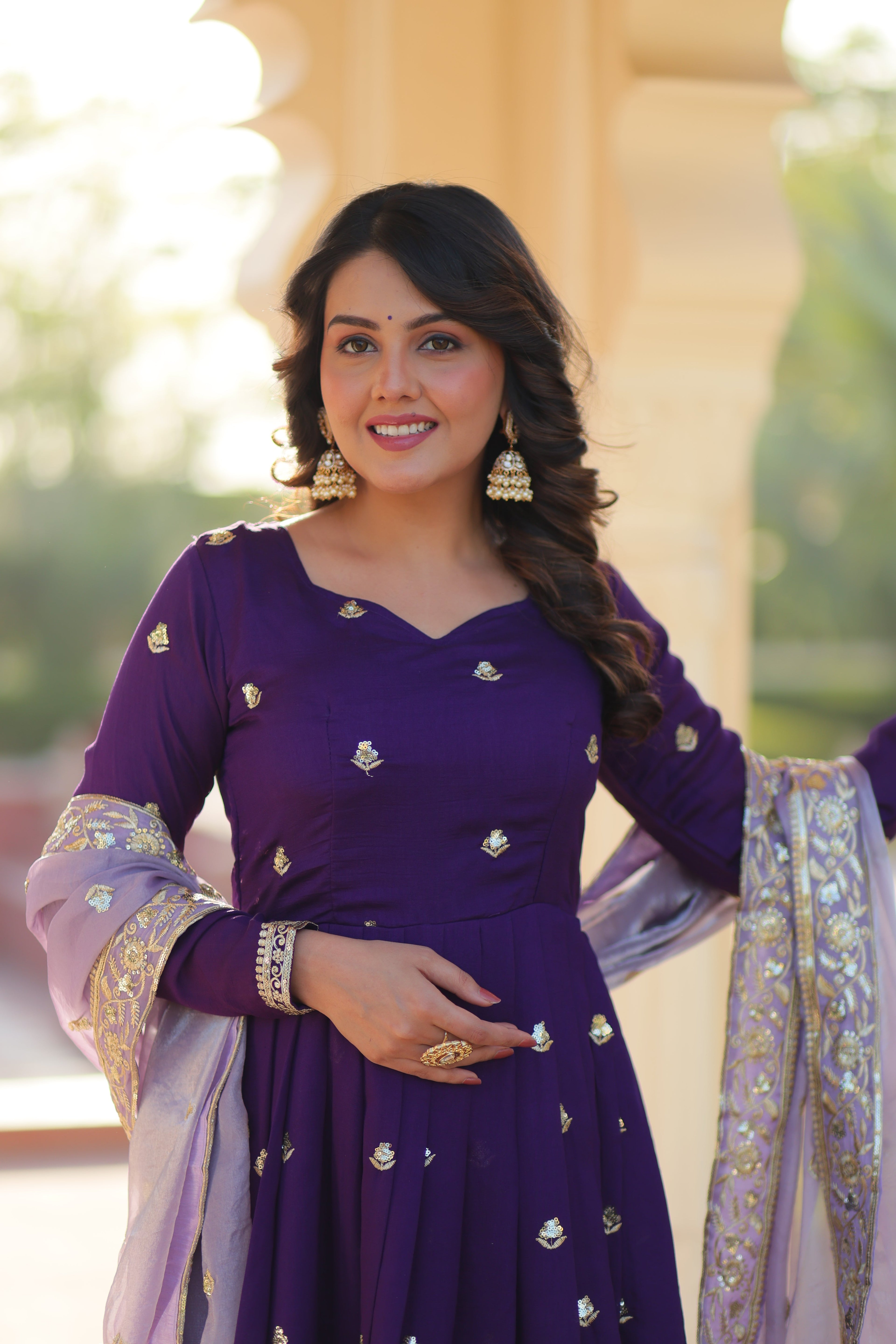 Rupa purple star georgette gown with zari sequins embroidery and dupatta