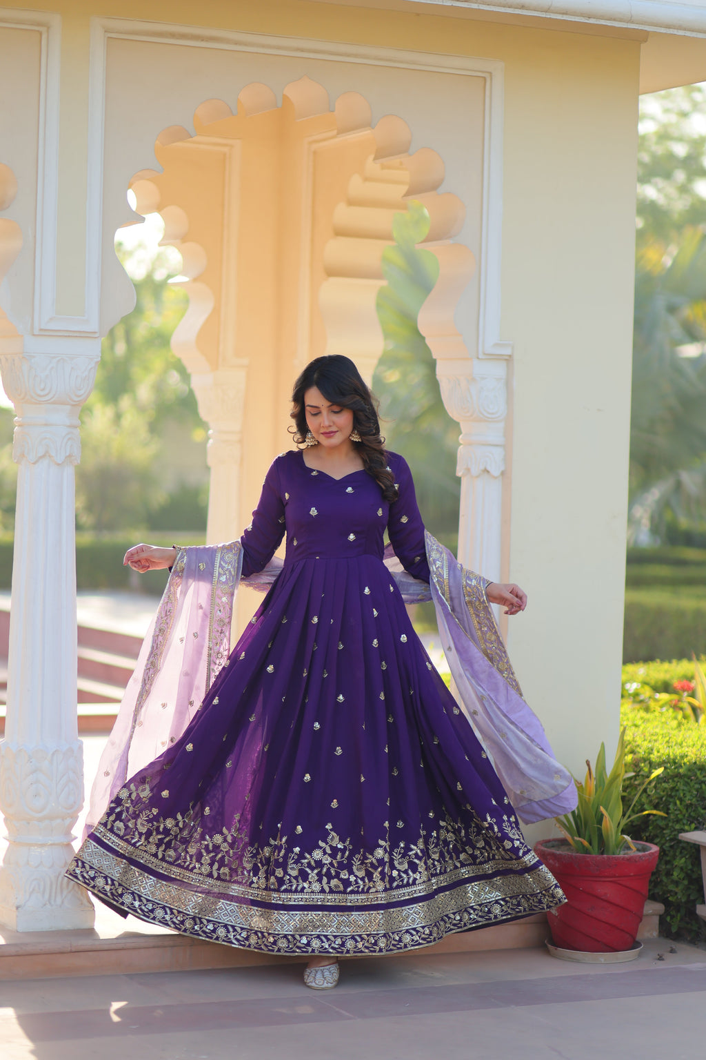 Rupa purple star georgette gown with zari sequins embroidery and dupatta