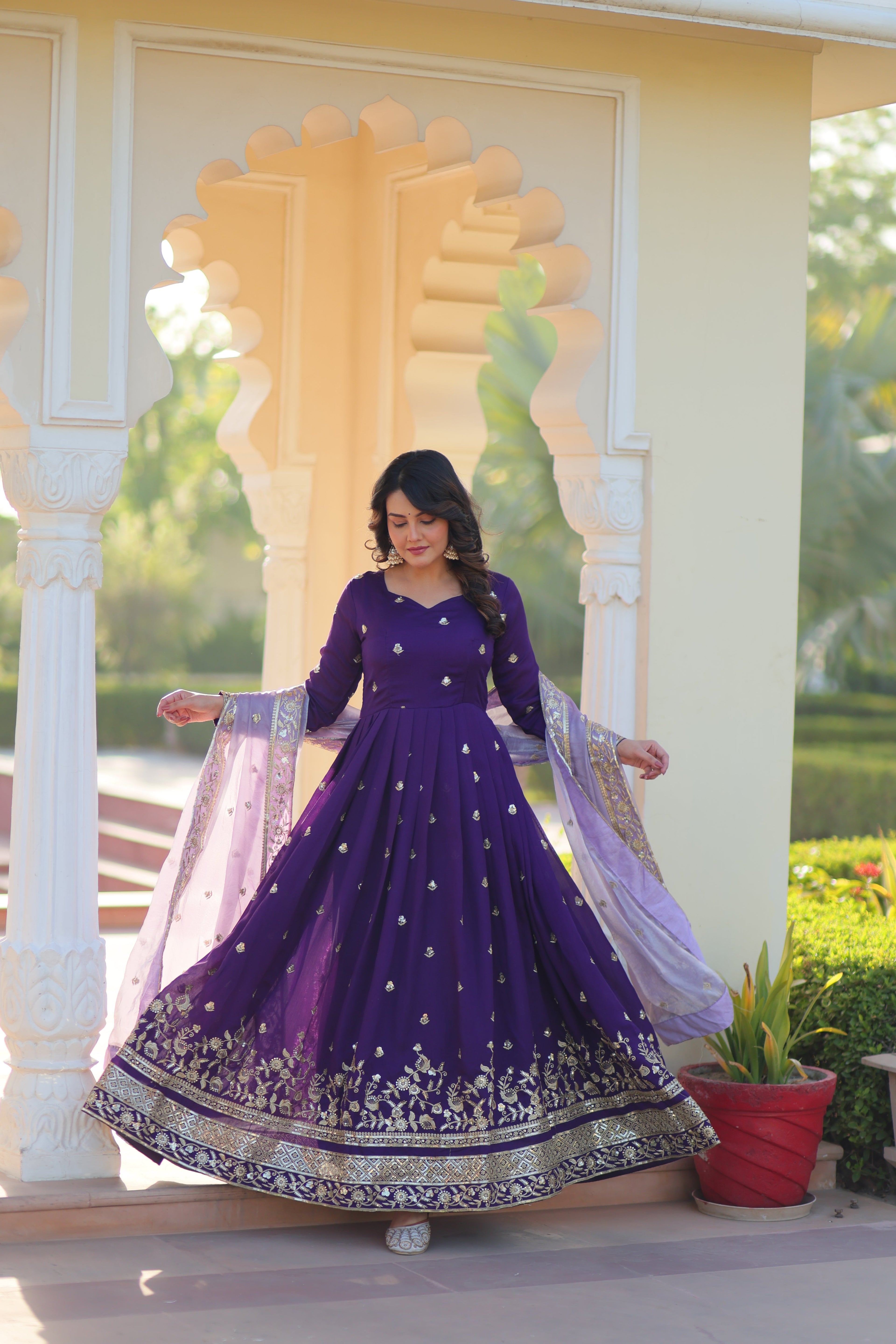 Rupa purple star georgette gown with zari sequins embroidery and dupatta