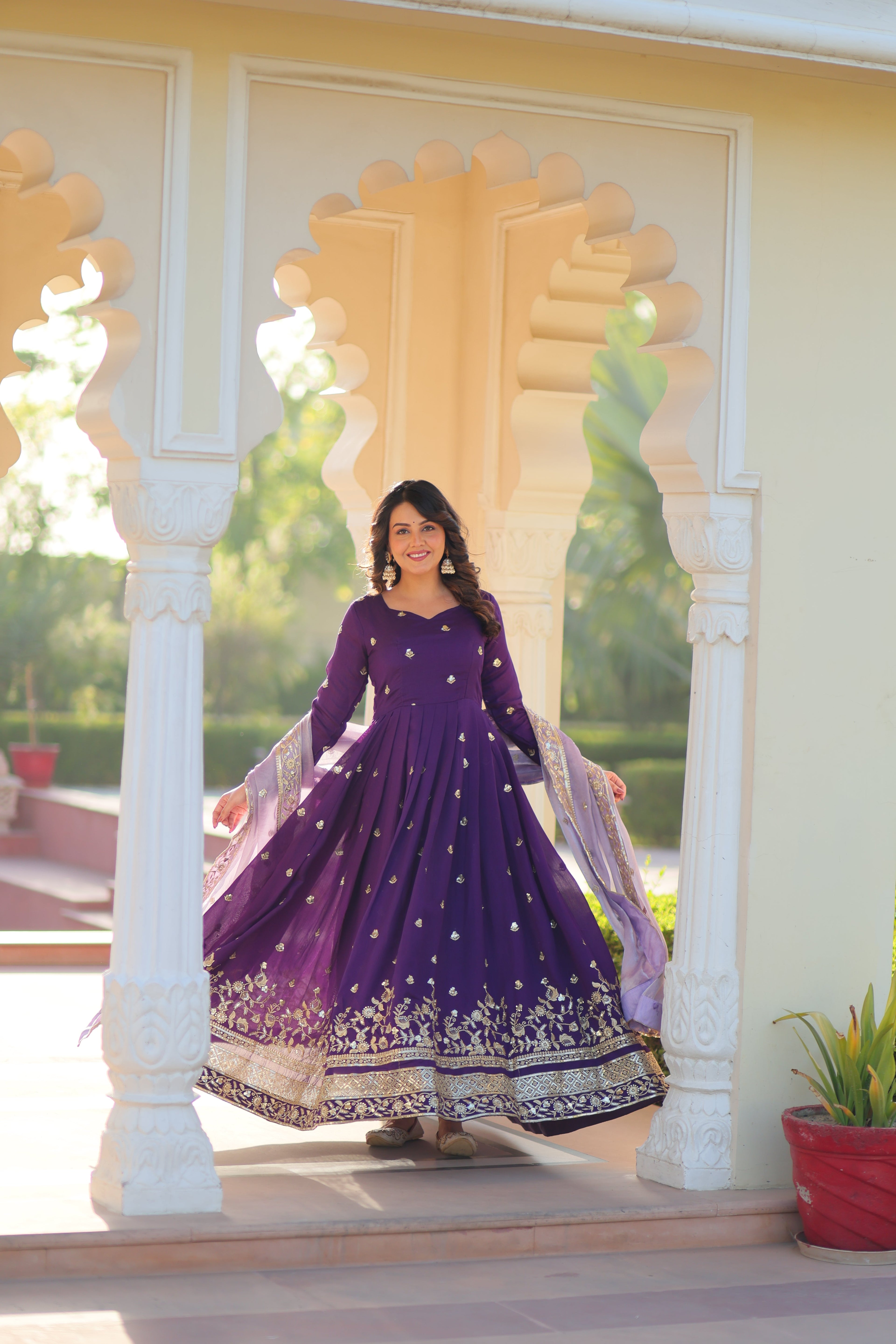Rupa purple star georgette gown with zari sequins embroidery and dupatta