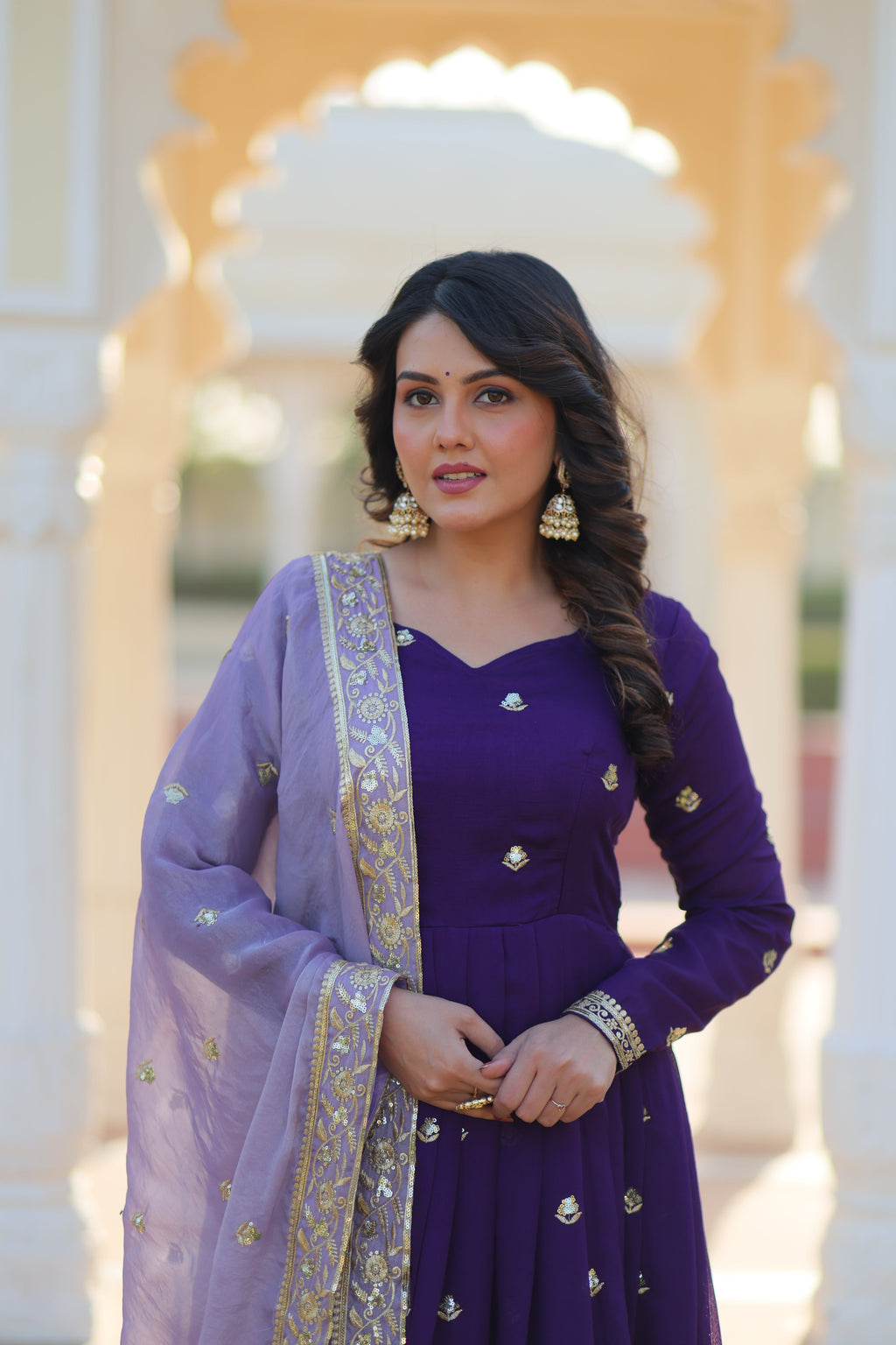 Rupa purple star georgette gown with zari sequins embroidery and dupatta