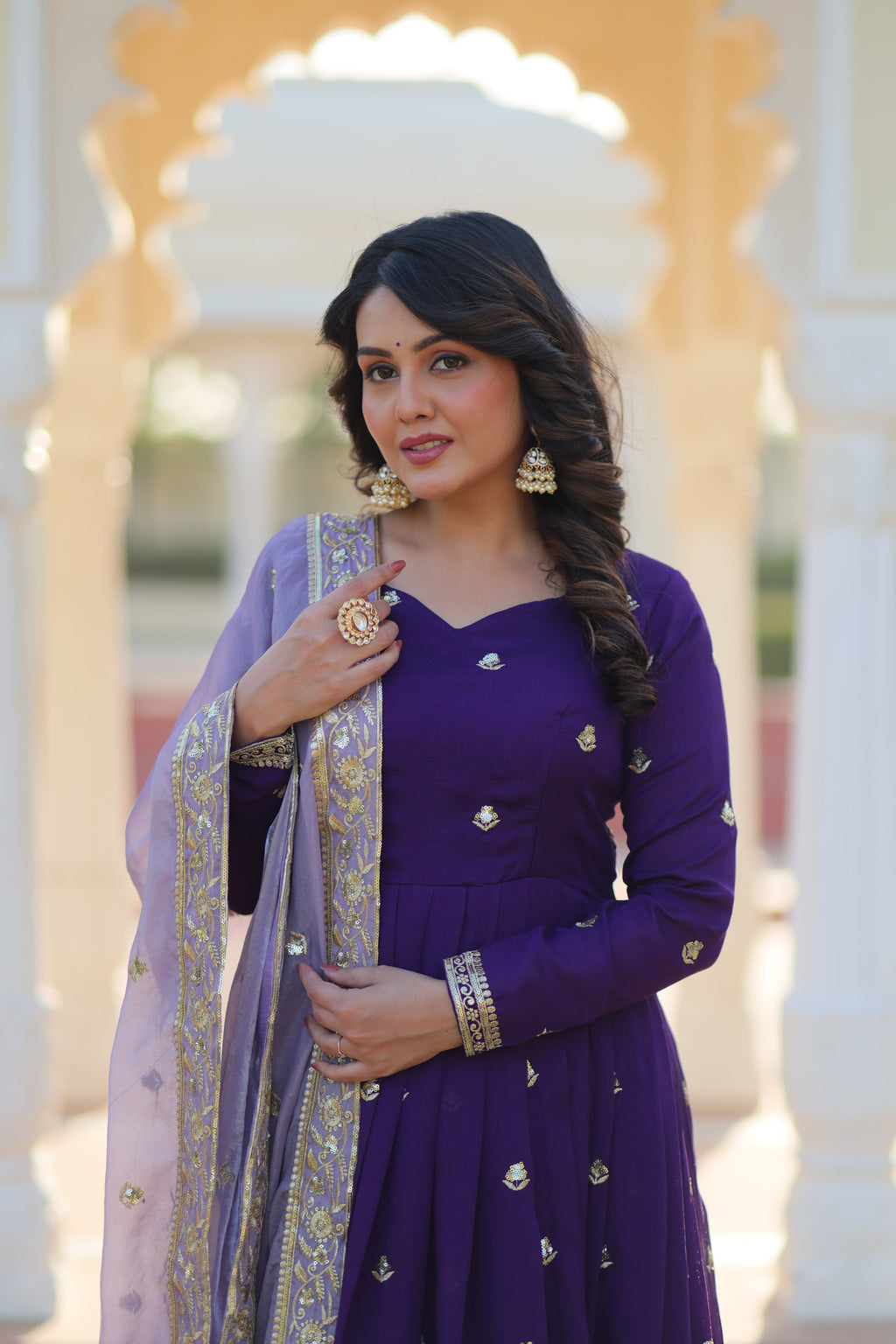 Rupa purple star georgette gown with zari sequins embroidery and dupatta