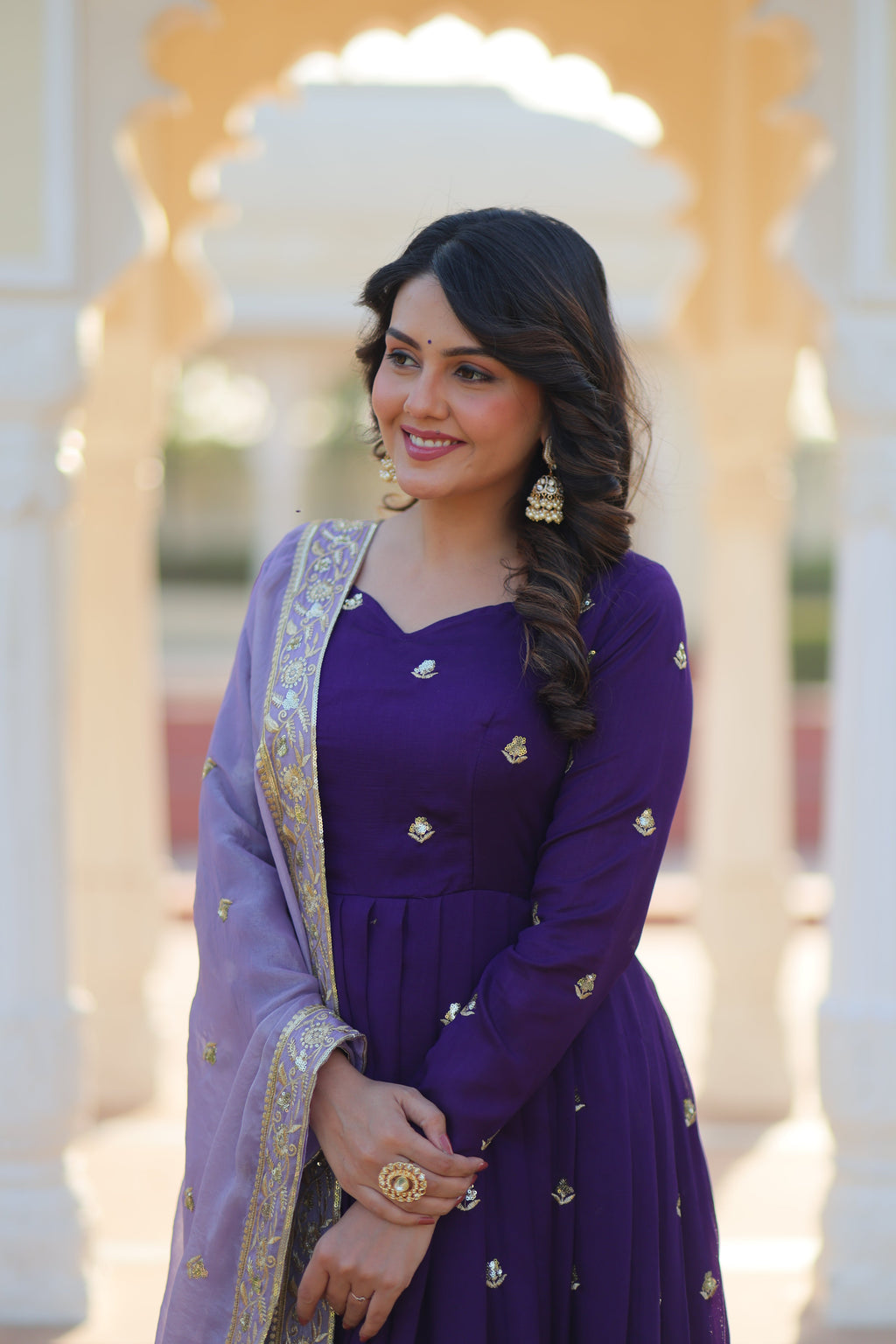 Rupa purple star georgette gown with zari sequins embroidery and dupatta