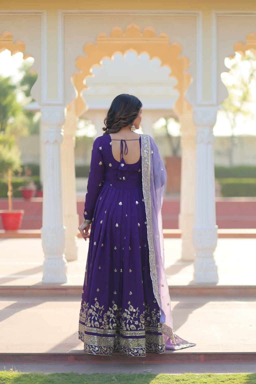 Rupa purple star georgette gown with zari sequins embroidery and dupatta
