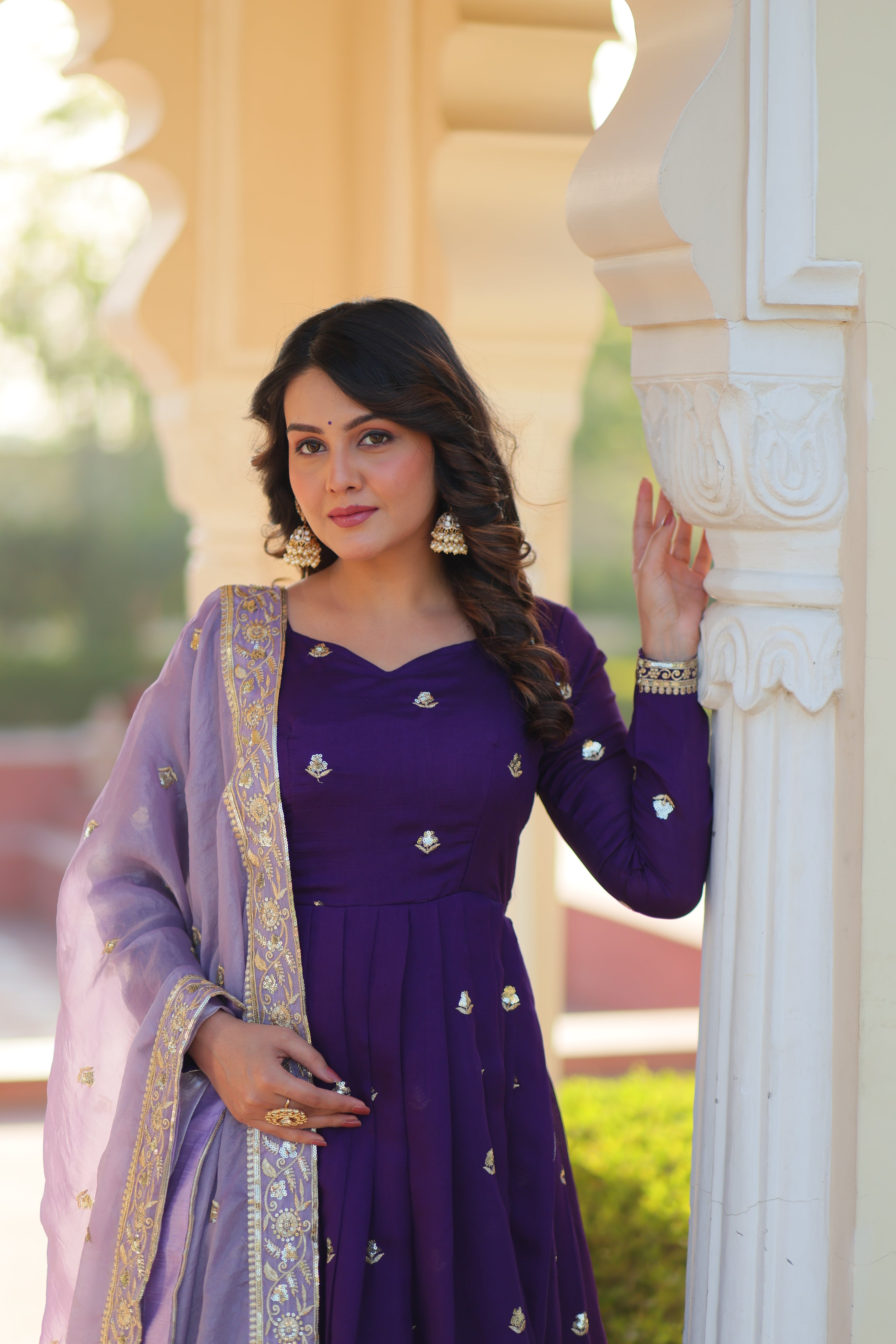 Rupa purple star georgette gown with zari sequins embroidery and dupatta