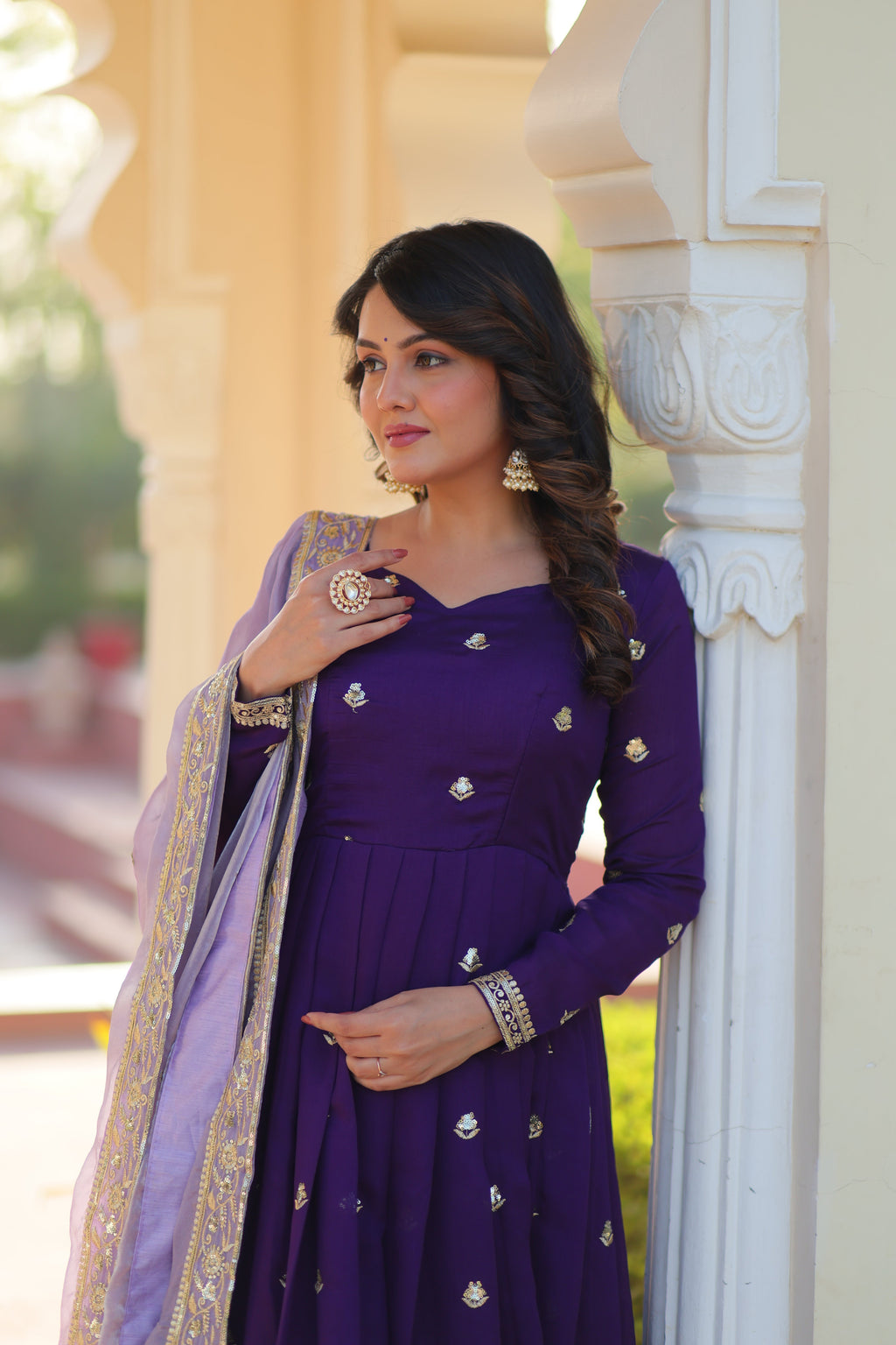 Rupa purple star georgette gown with zari sequins embroidery and dupatta