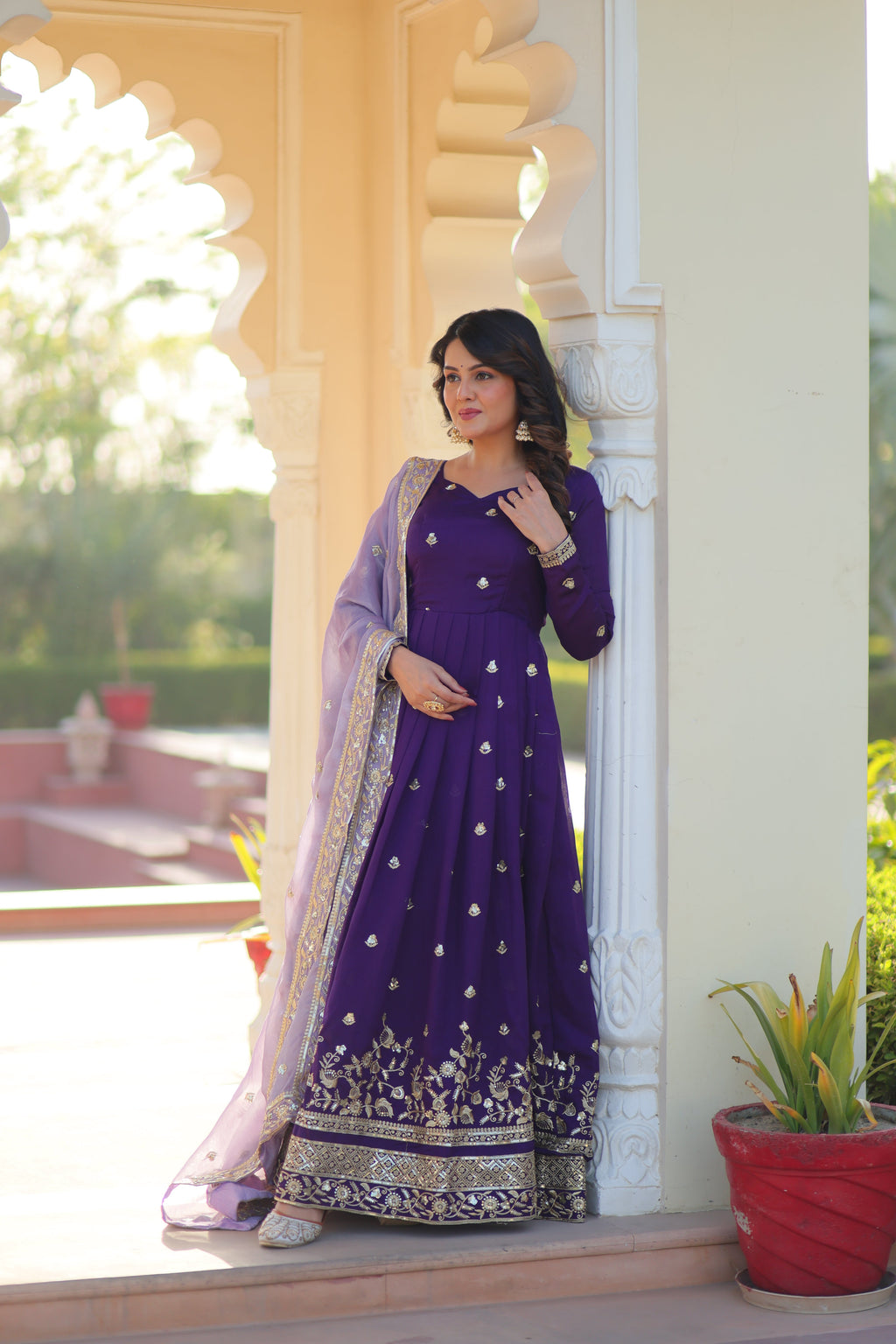Rupa purple star georgette gown with zari sequins embroidery and dupatta