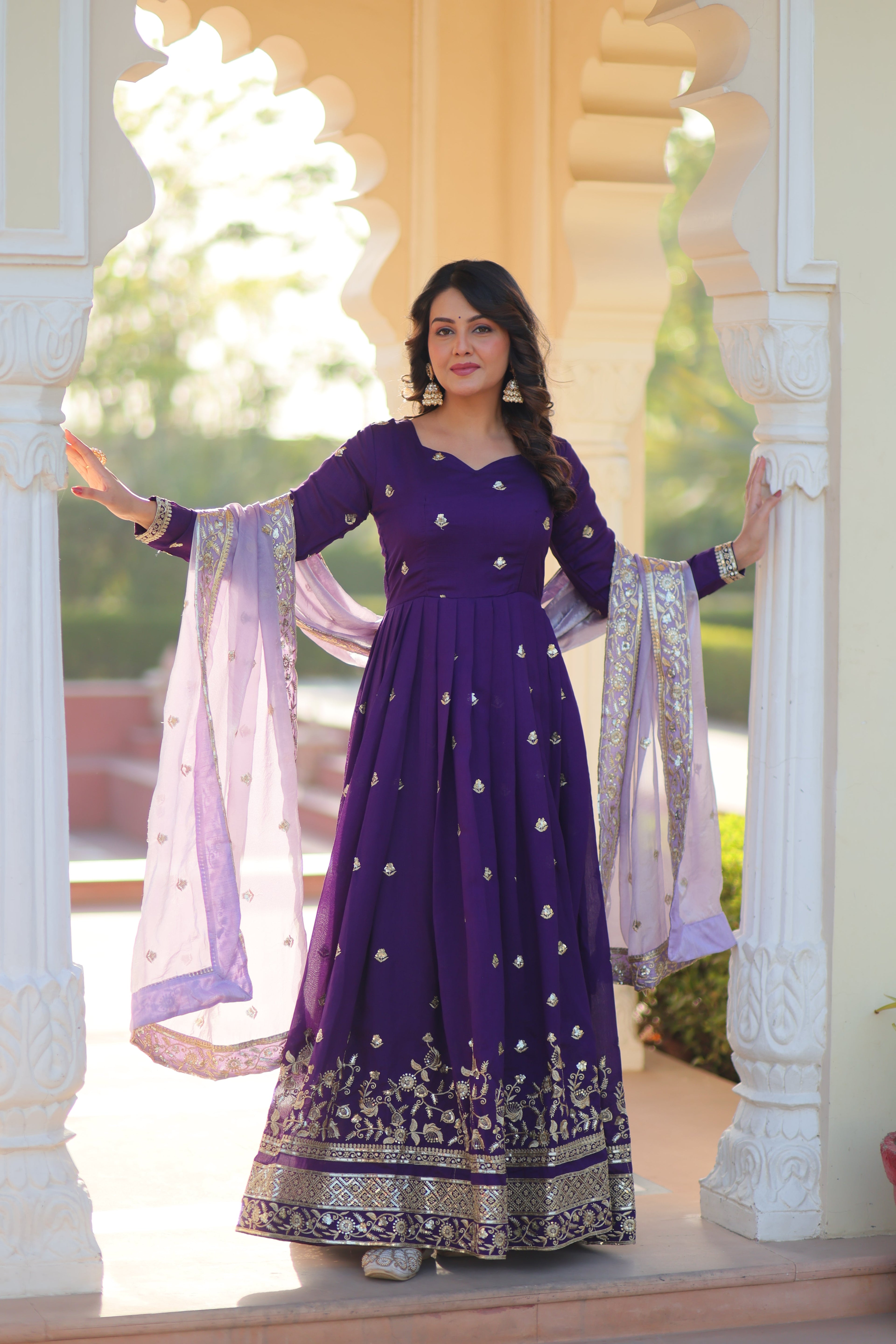 Rupa purple star georgette gown with zari sequins embroidery and dupatta