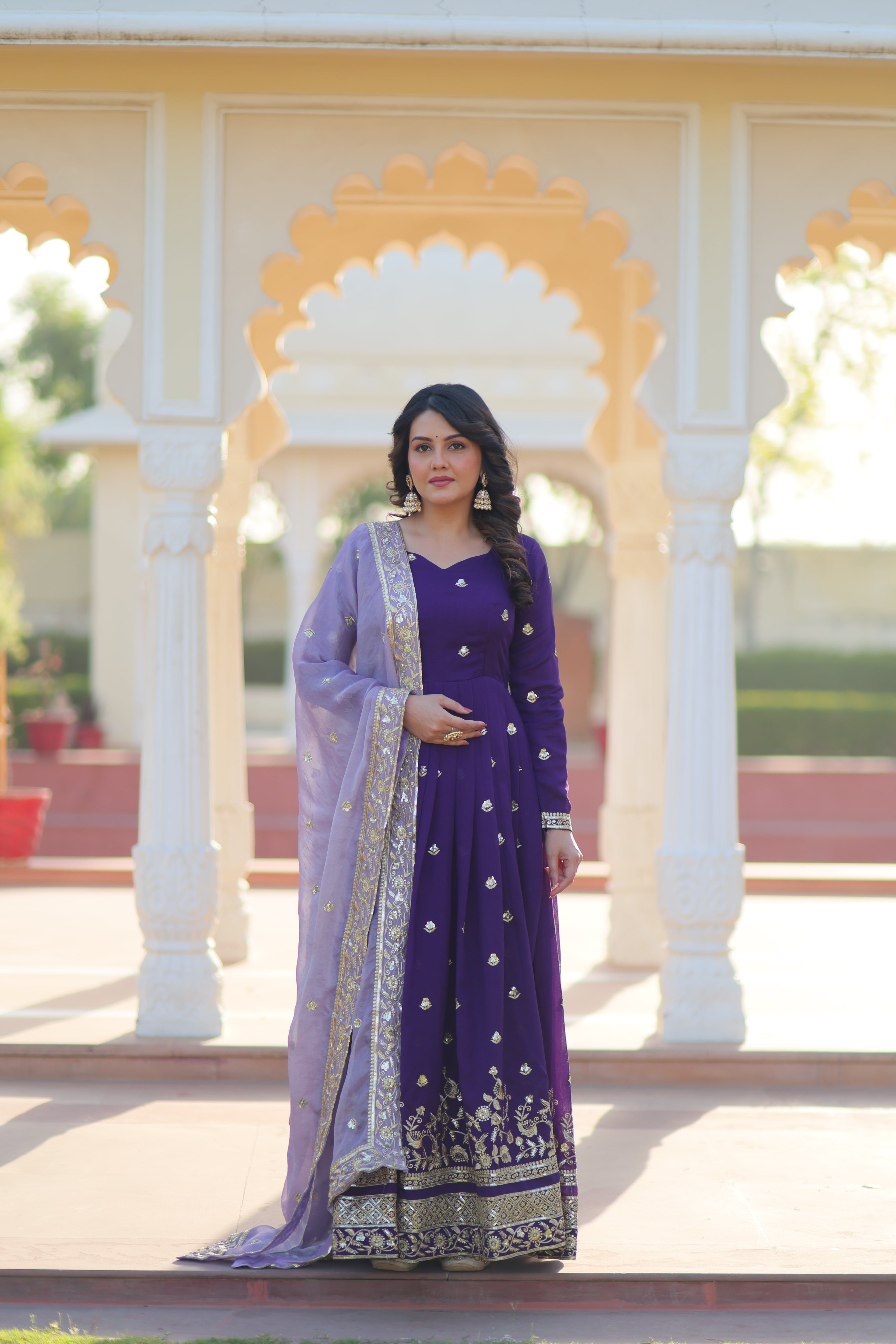 Rupa purple star georgette gown with zari sequins embroidery and dupatta
