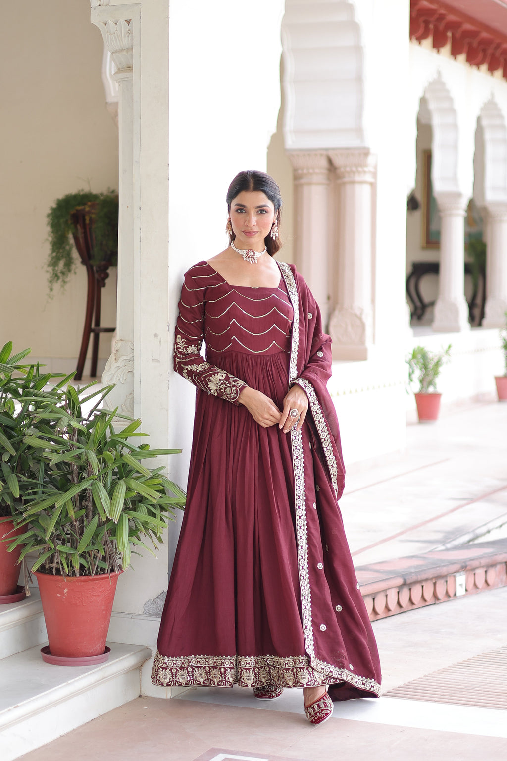Yani maroon Vichitra silk gown with sequins embroidered work and dupatta