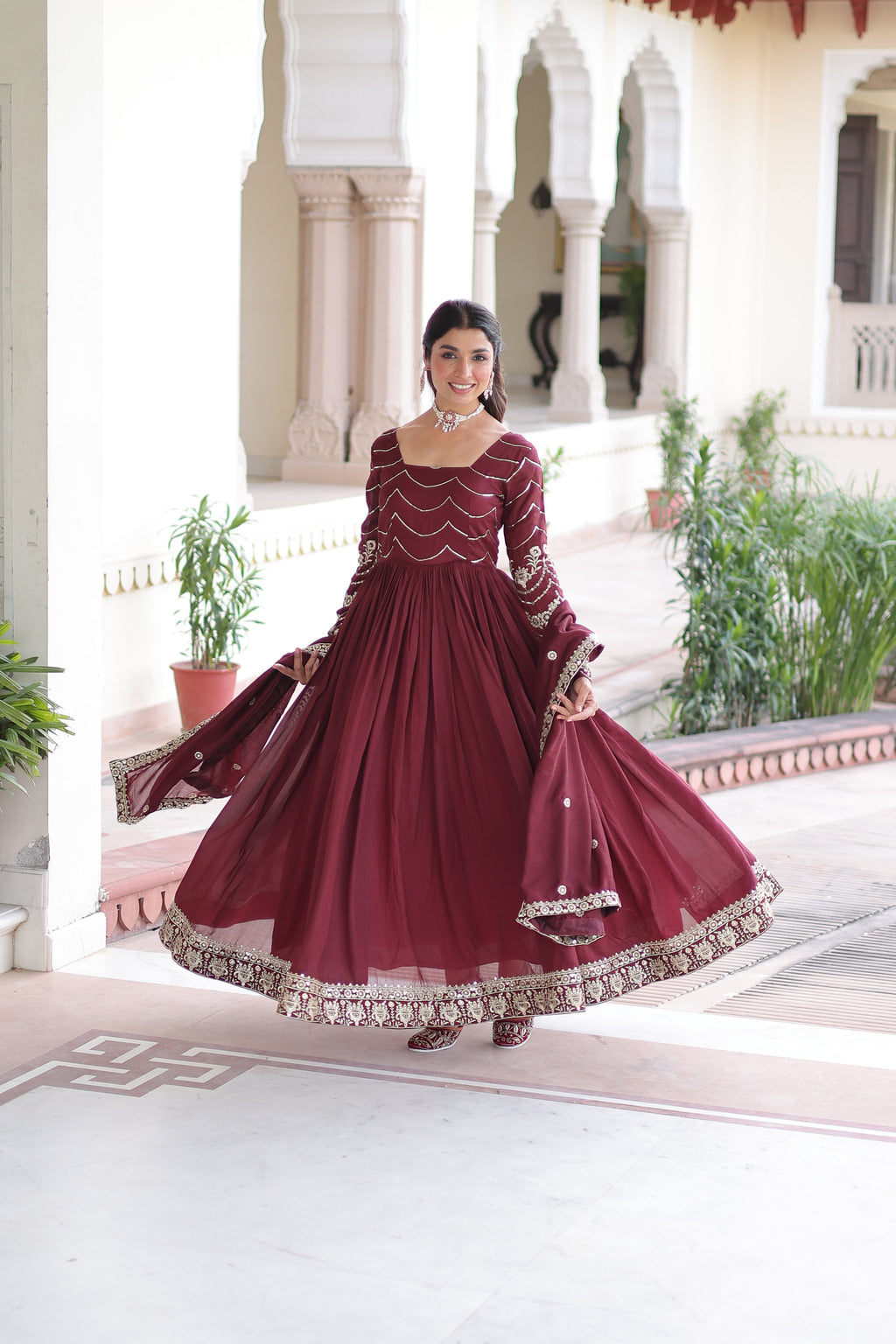Yani maroon Vichitra silk gown with sequins embroidered work and dupatta