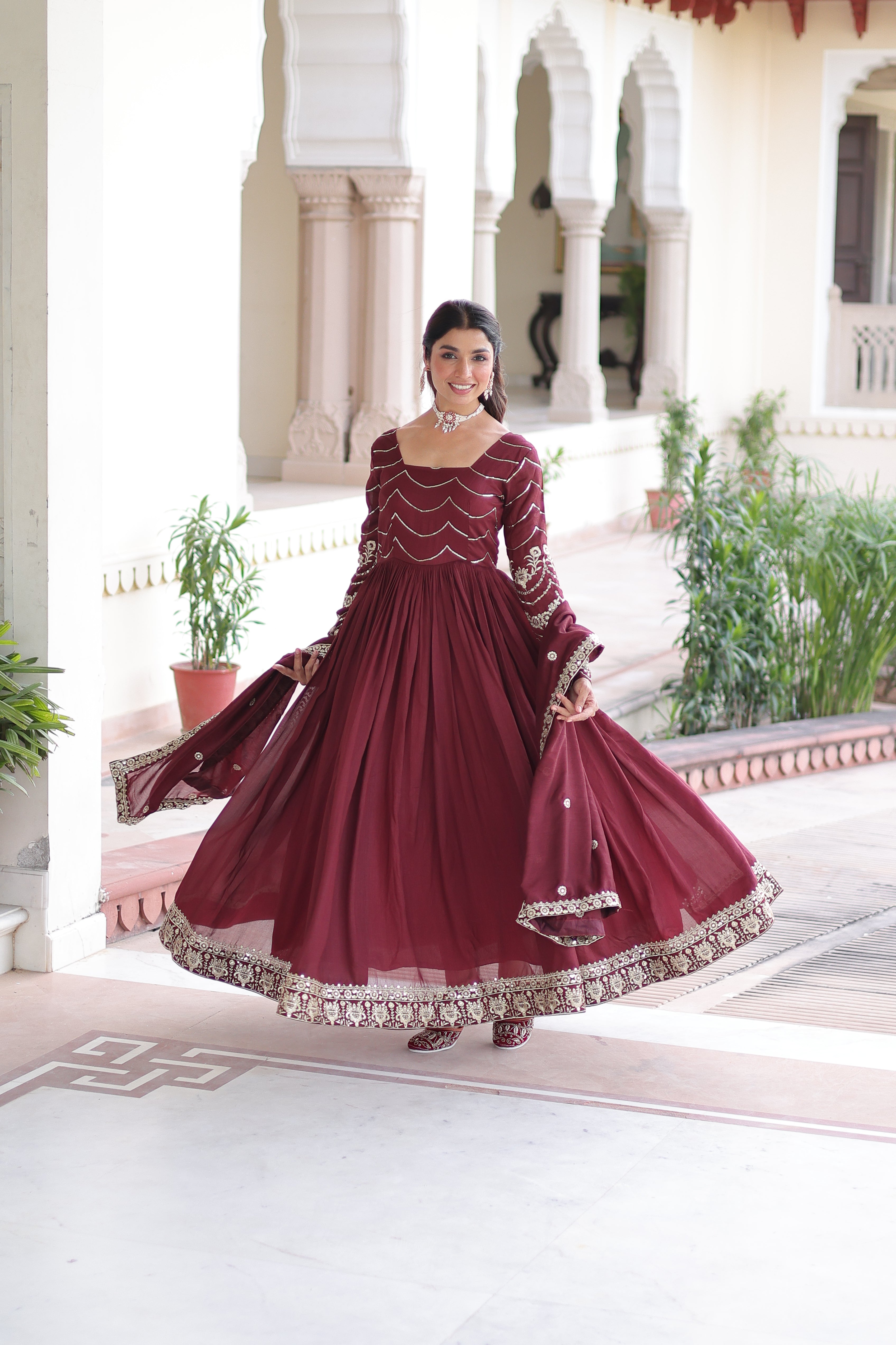 Yani maroon Vichitra silk gown with sequins embroidered work and dupatta