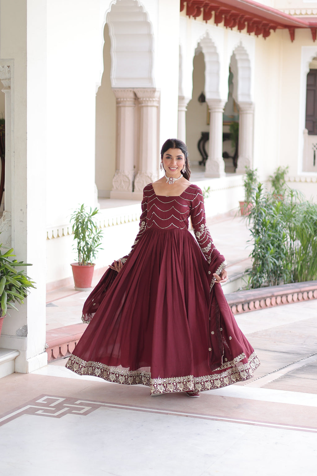 Yani maroon Vichitra silk gown with sequins embroidered work and dupatta