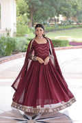 Yani maroon Vichitra silk gown with sequins embroidered work and dupatta