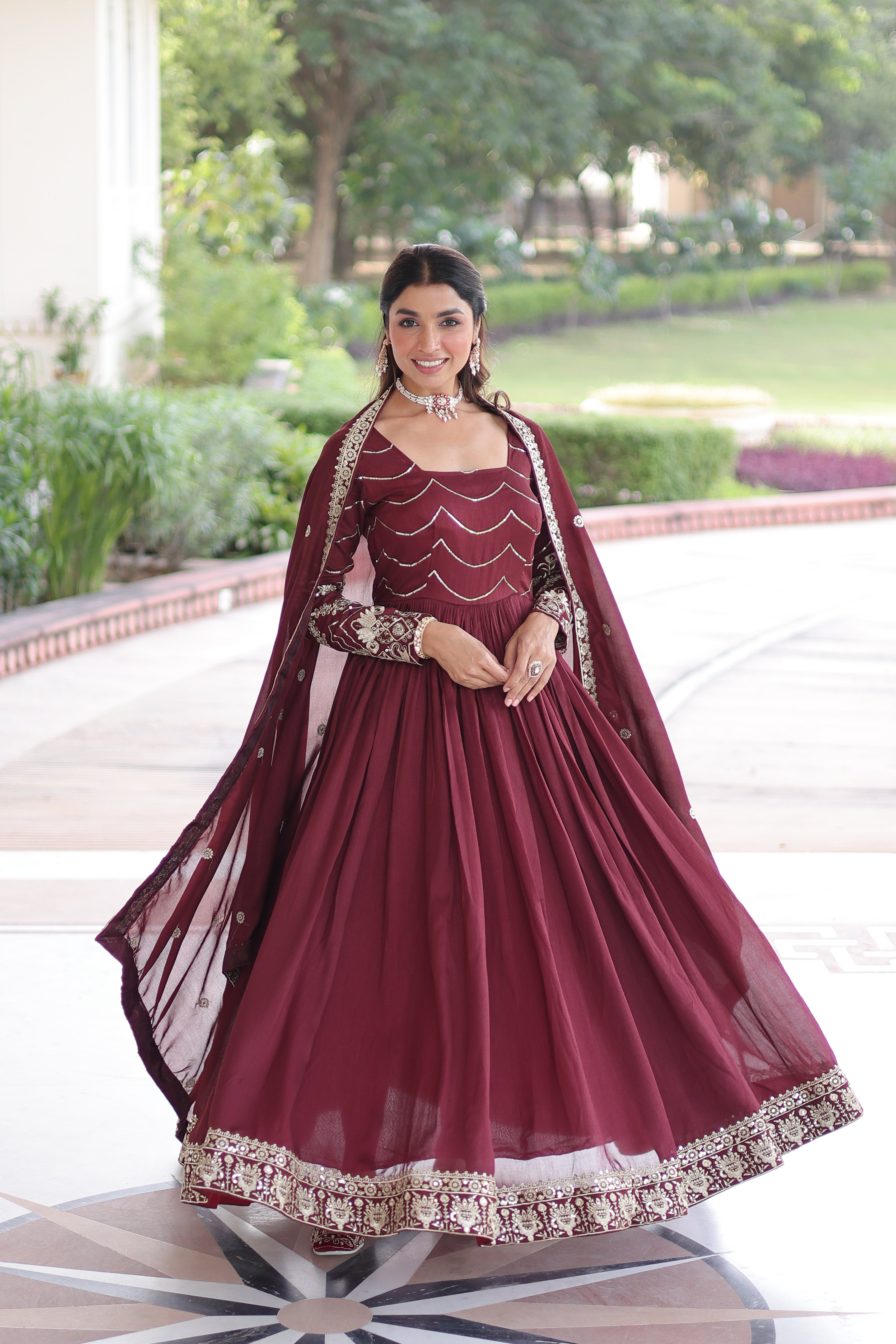 Yani maroon Vichitra silk gown with sequins embroidered work and dupatta
