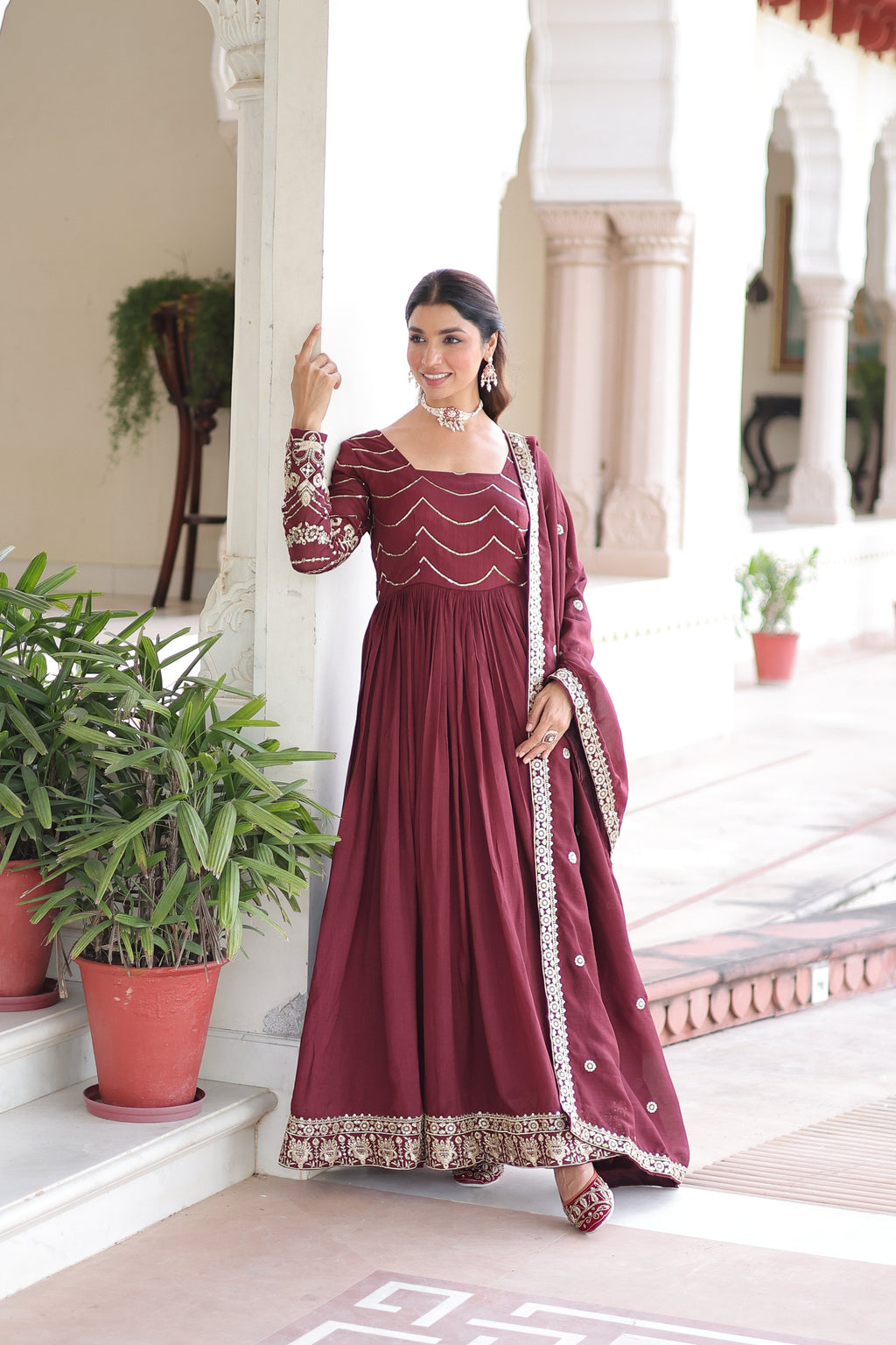Yani maroon Vichitra silk gown with sequins embroidered work and dupatta