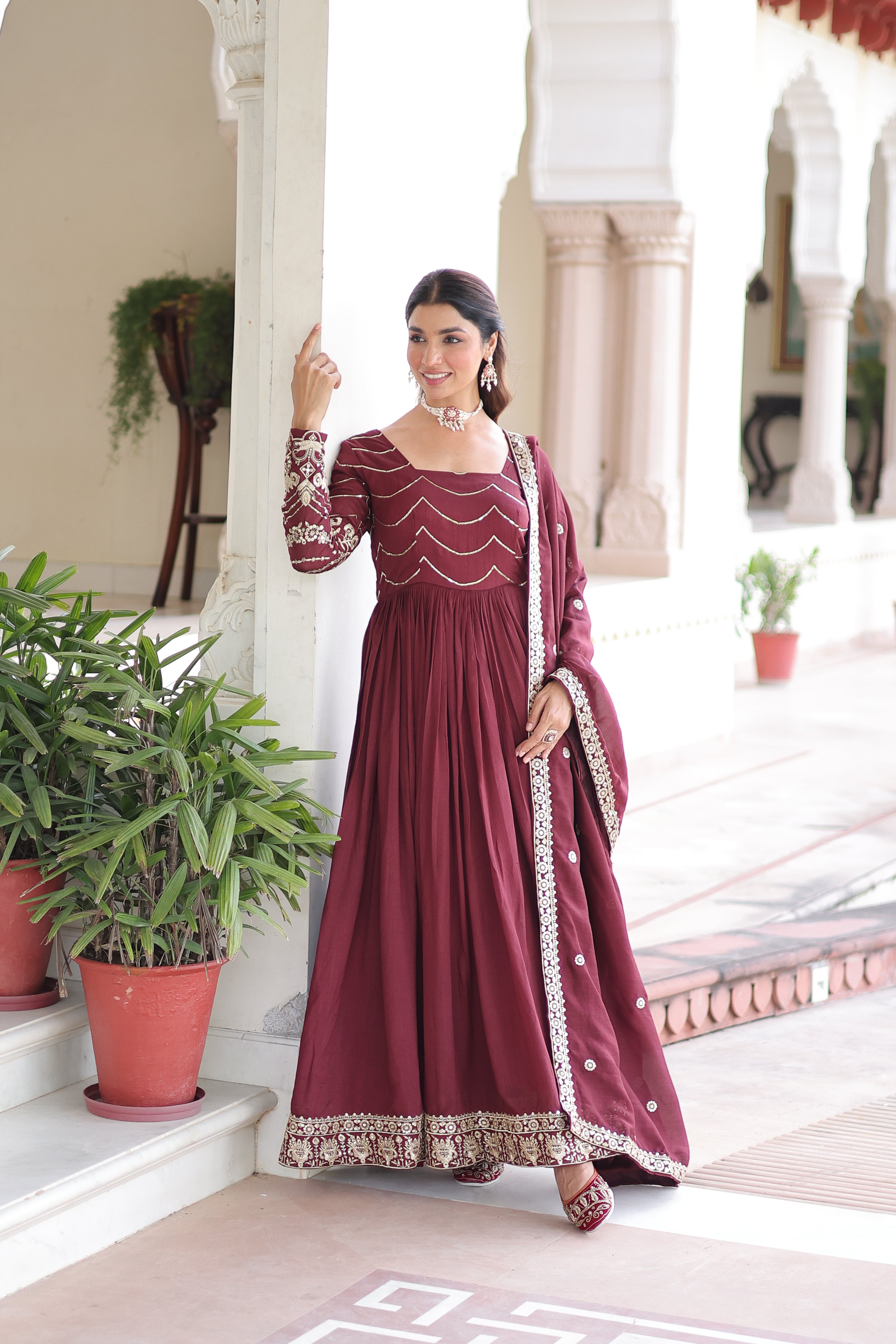 Yani maroon Vichitra silk gown with sequins embroidered work and dupatta