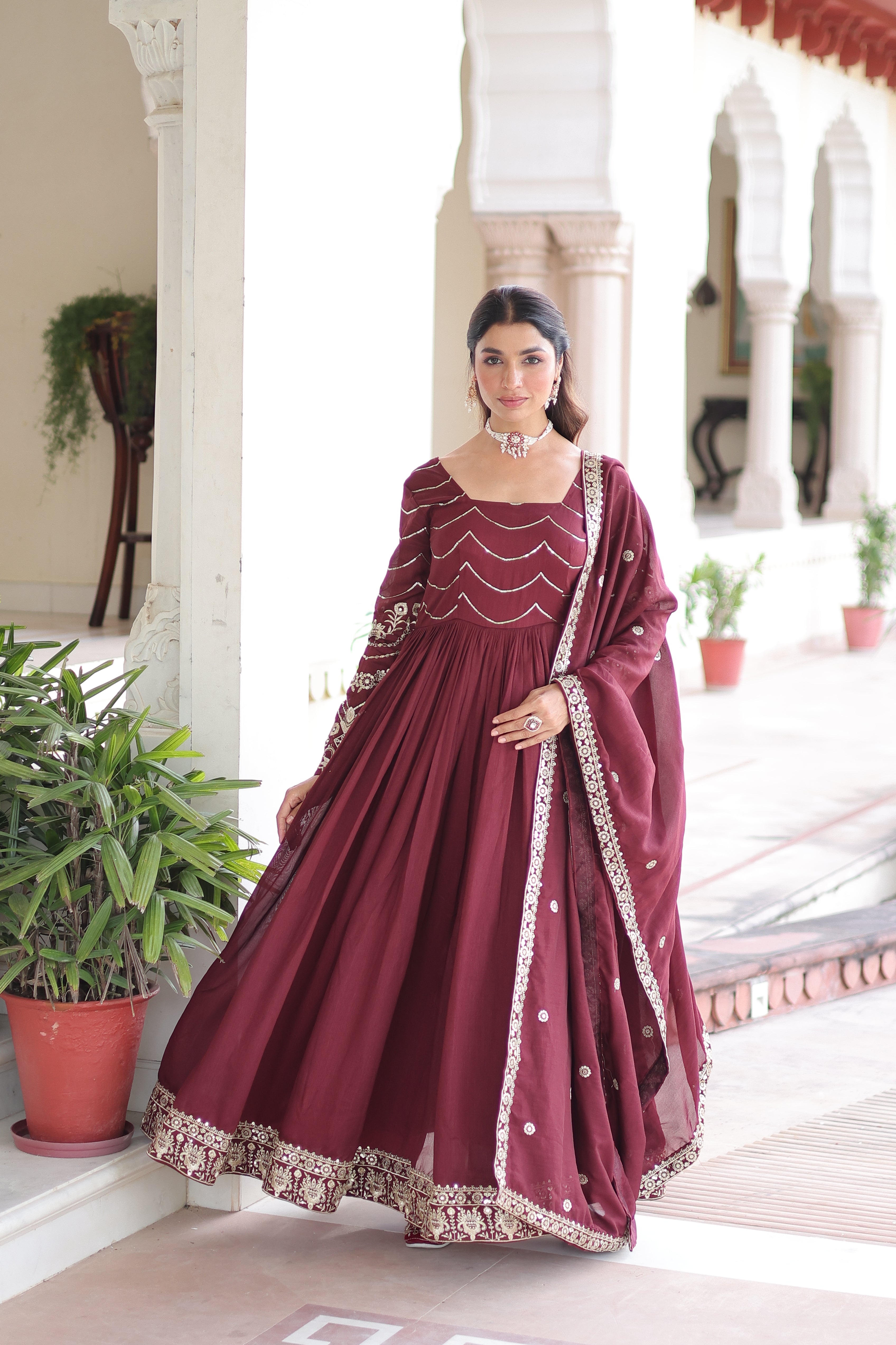 Yani maroon Vichitra silk gown with sequins embroidered work and dupatta