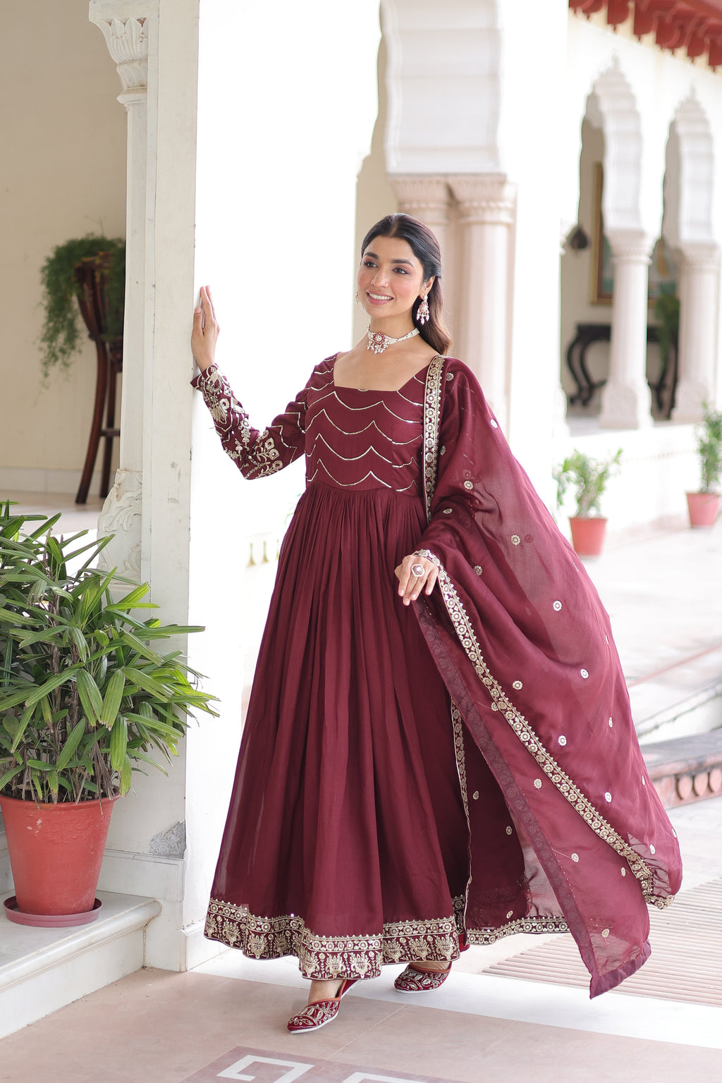 Yani maroon Vichitra silk gown with sequins embroidered work and dupatta