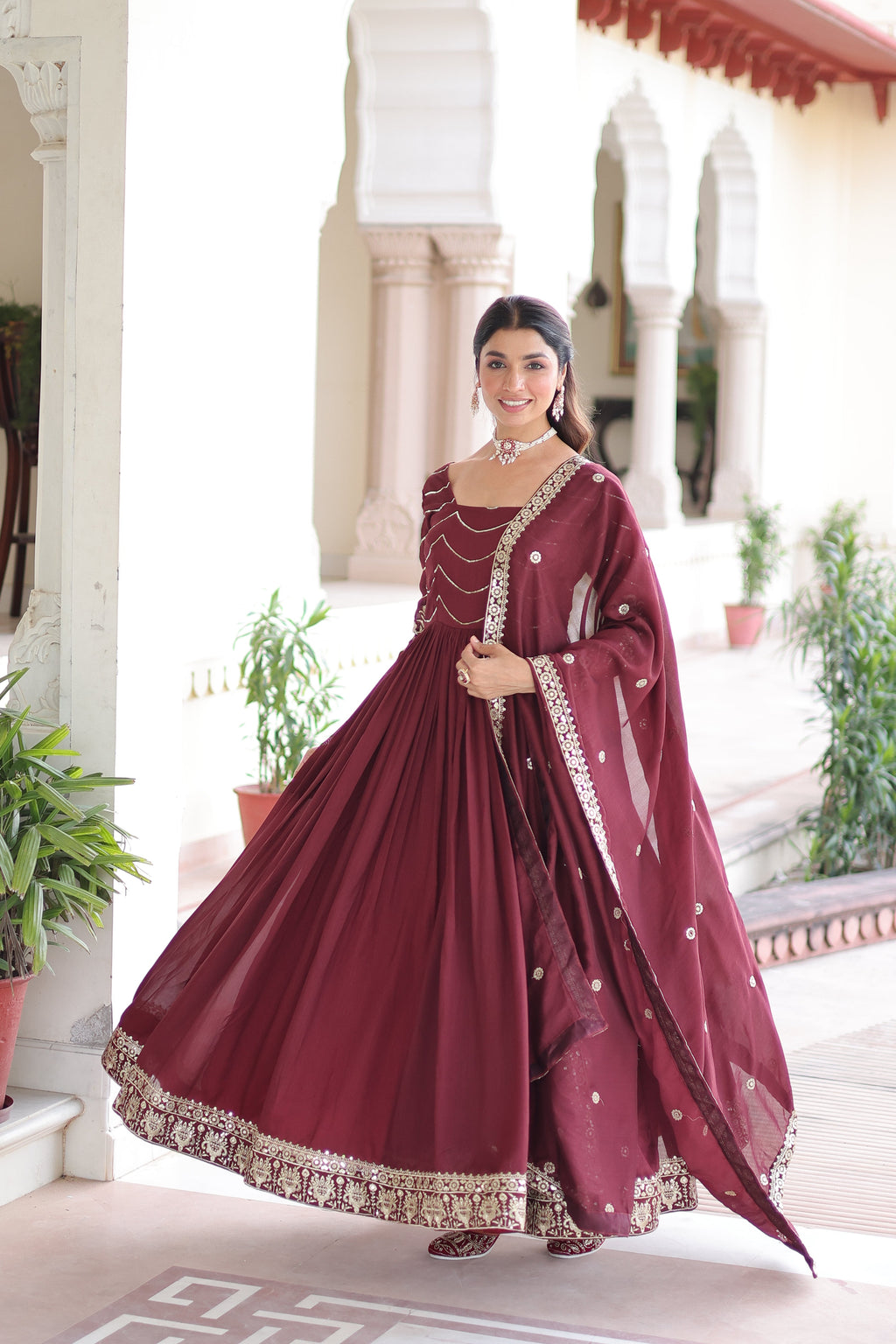 Yani maroon Vichitra silk gown with sequins embroidered work and dupatta