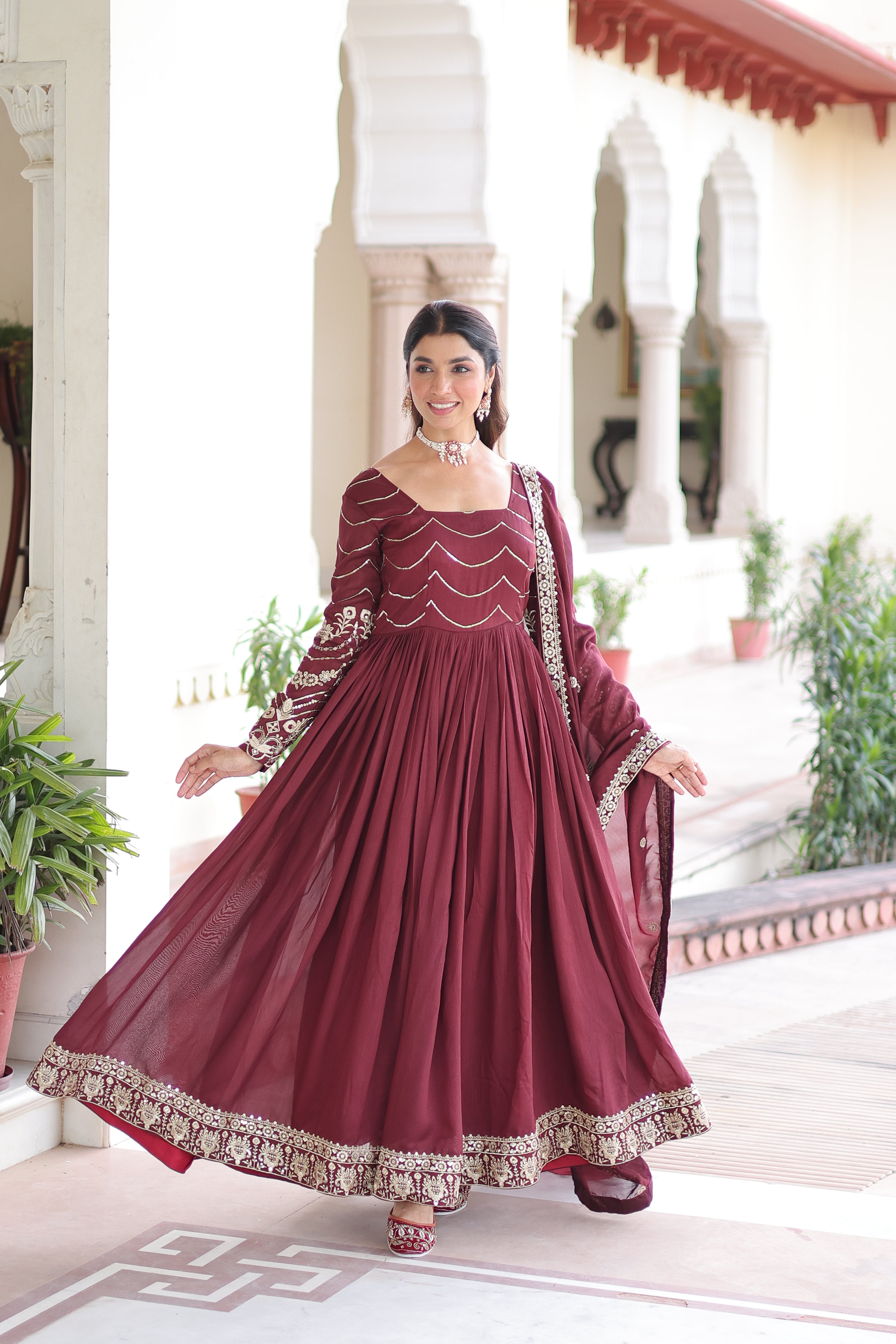 Yani maroon Vichitra silk gown with sequins embroidered work and dupatta