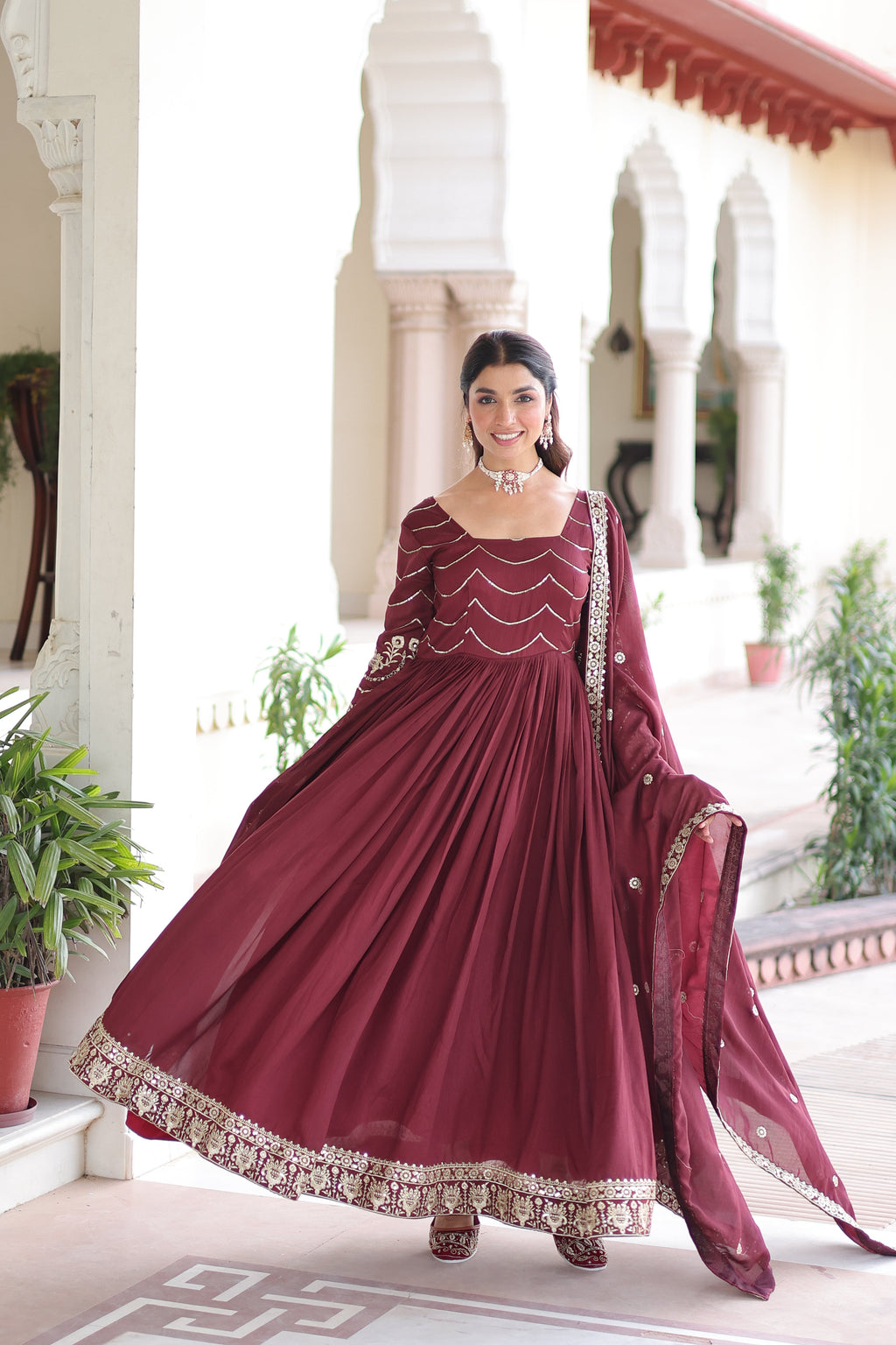 Yani maroon Vichitra silk gown with sequins embroidered work and dupatta