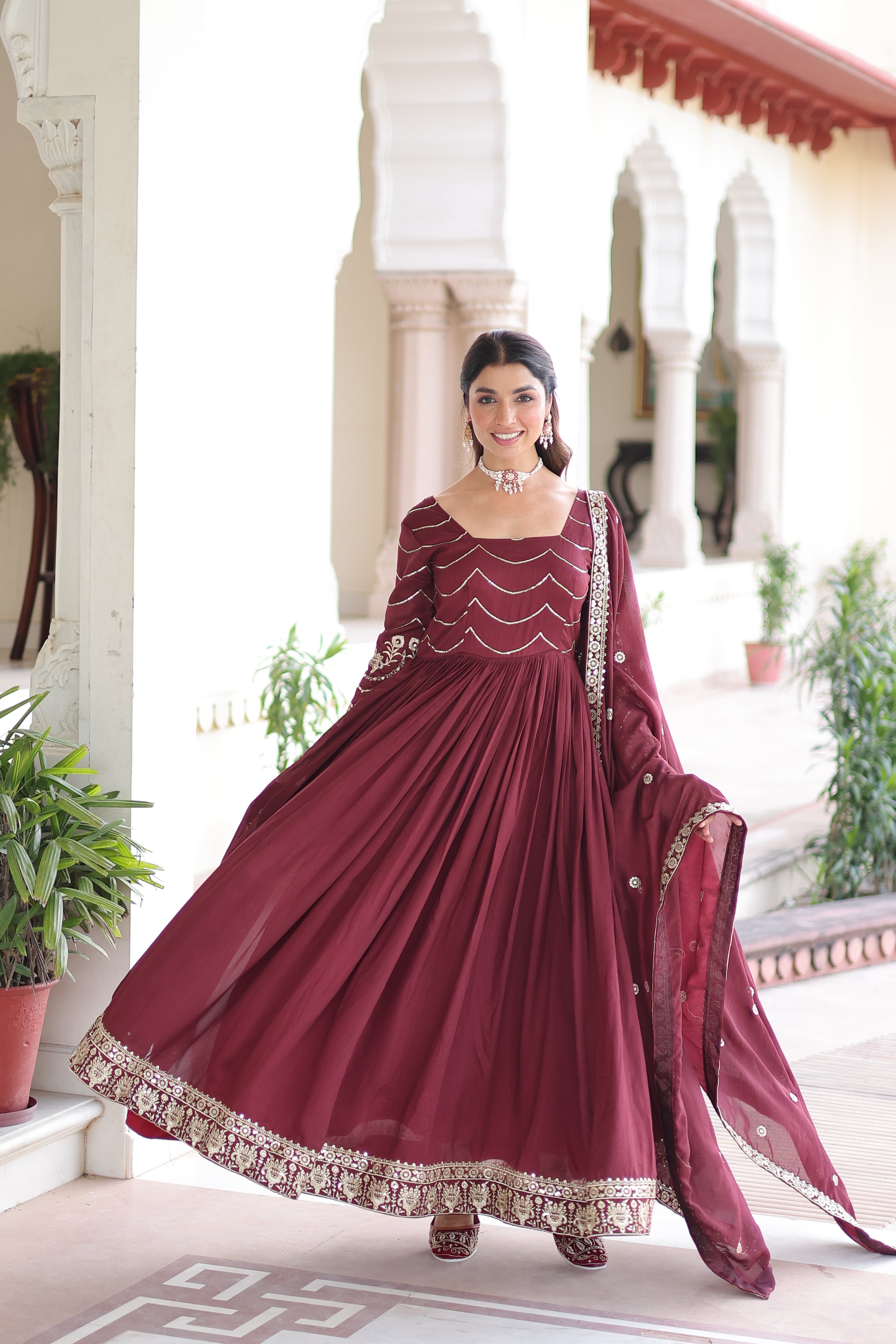 Yani maroon Vichitra silk gown with sequins embroidered work and dupatta