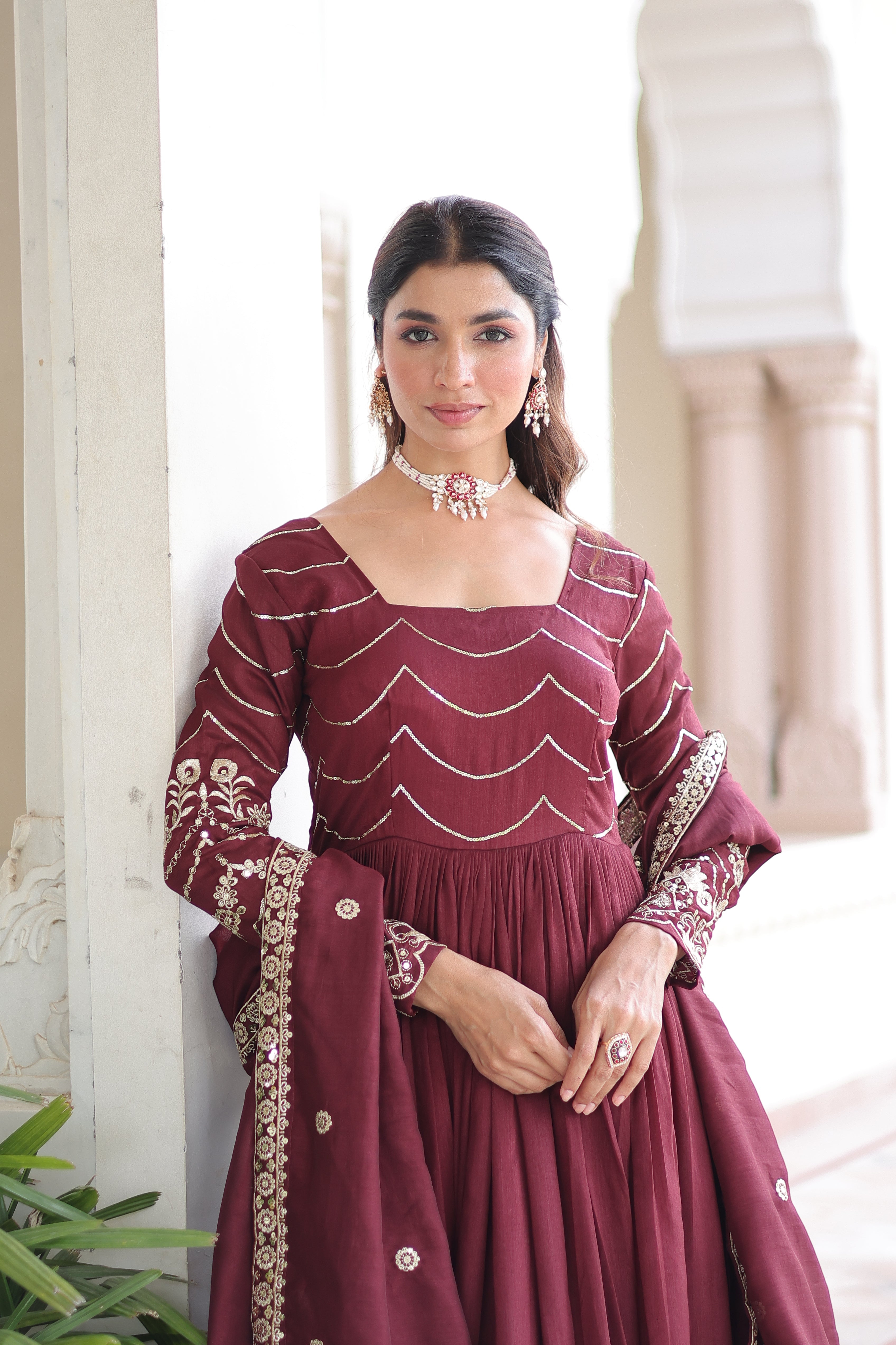 Yani maroon Vichitra silk gown with sequins embroidered work and dupatta