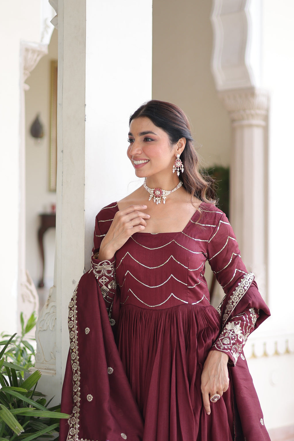 Yani maroon Vichitra silk gown with sequins embroidered work and dupatta