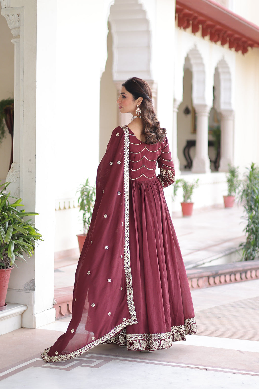 Yani maroon Vichitra silk gown with sequins embroidered work and dupatta