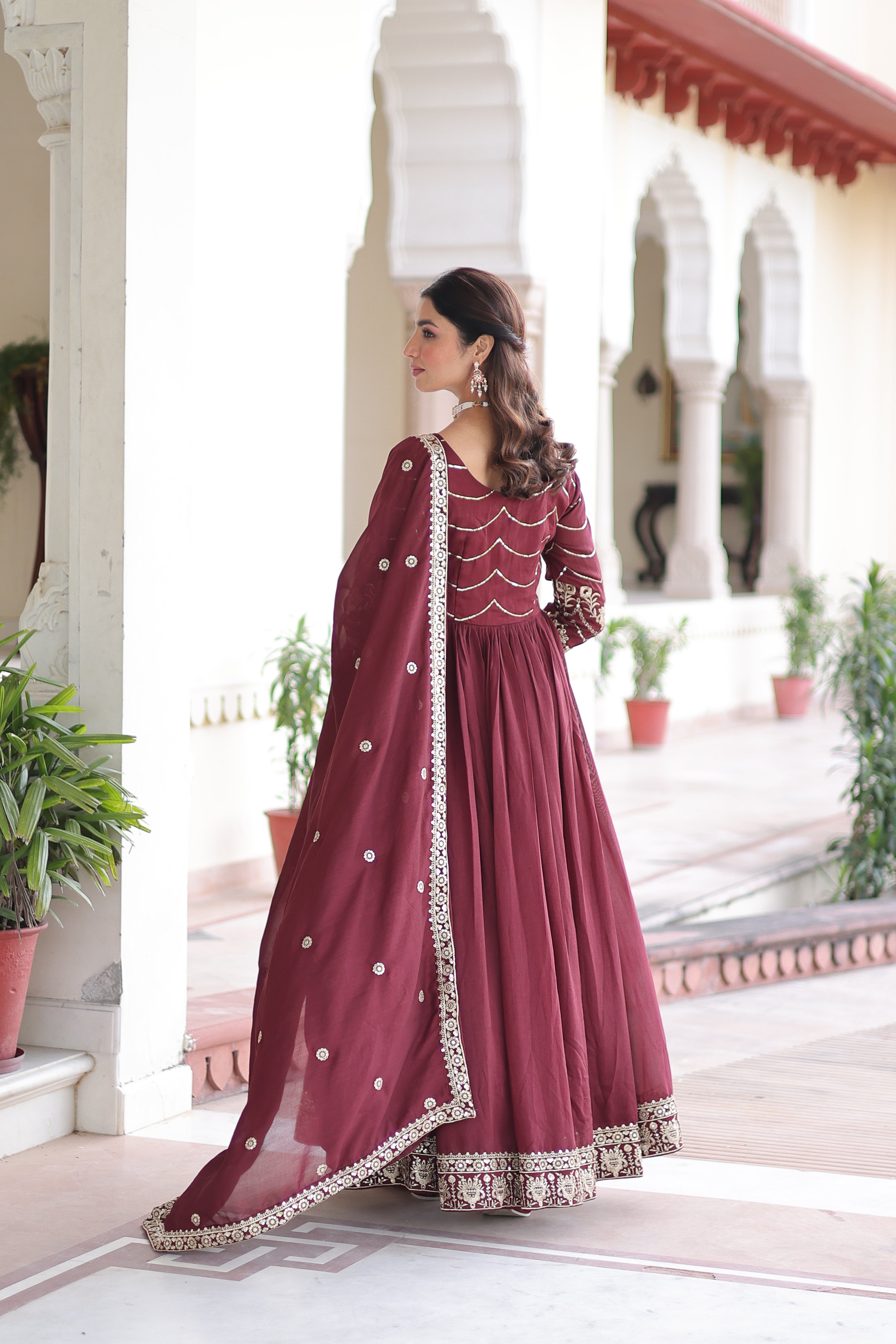 Yani maroon Vichitra silk gown with sequins embroidered work and dupatta