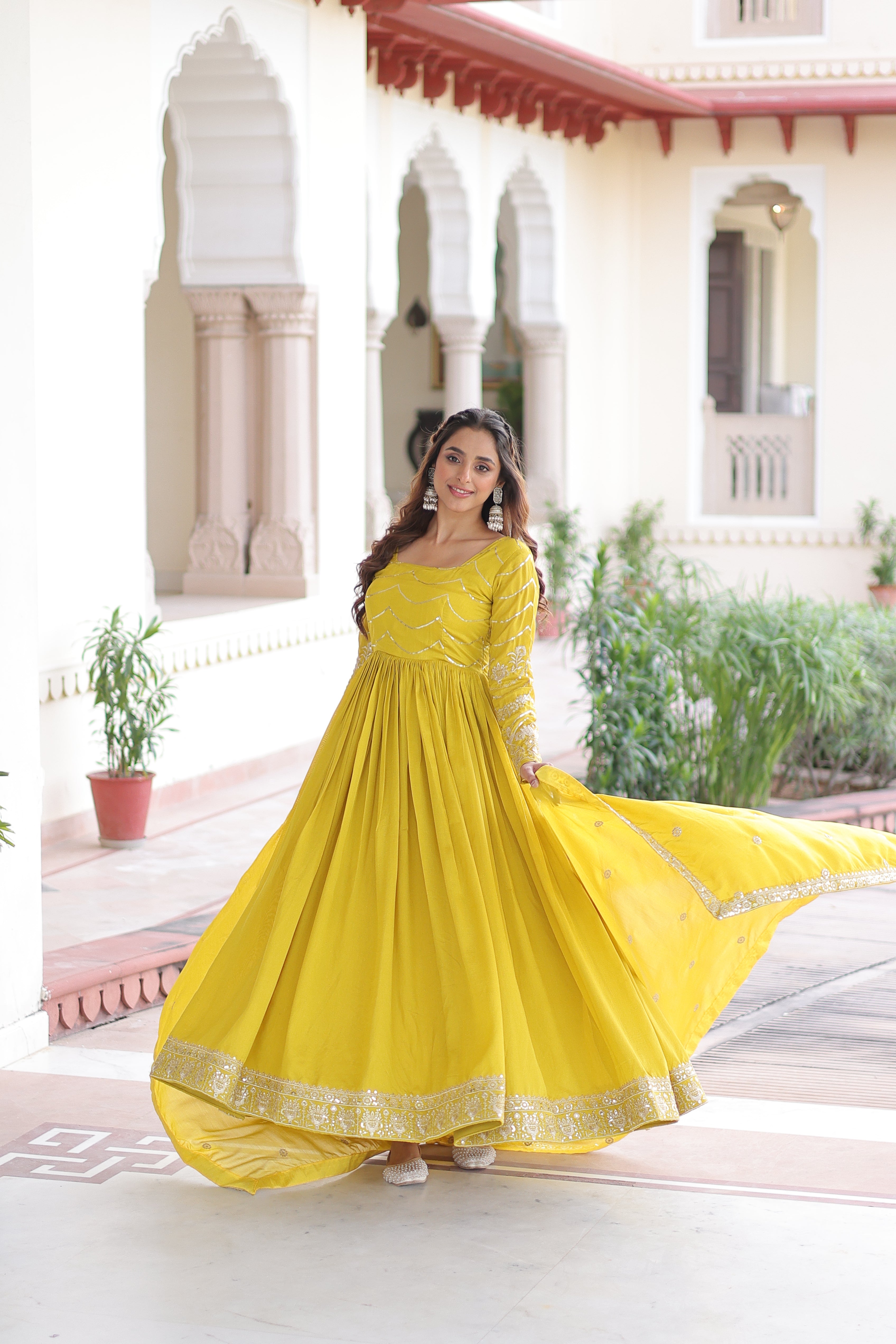 Yani yellow Vichitra silk gown with sequins embroidered work and dupatta