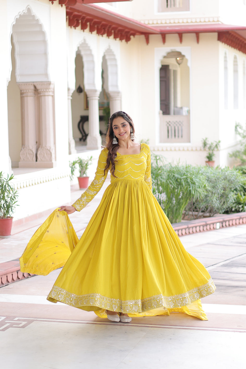 Yani yellow Vichitra silk gown with sequins embroidered work and dupatta